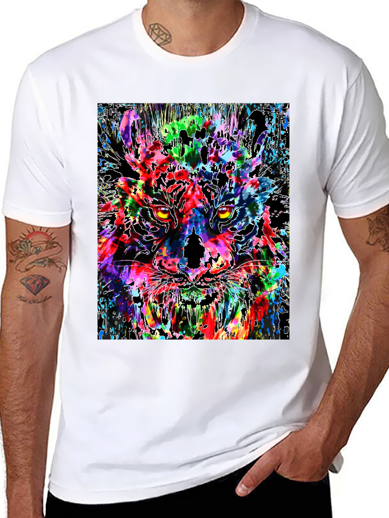 Black Colorful Tiger Graphic Print Men's Black T-Shirt view 8