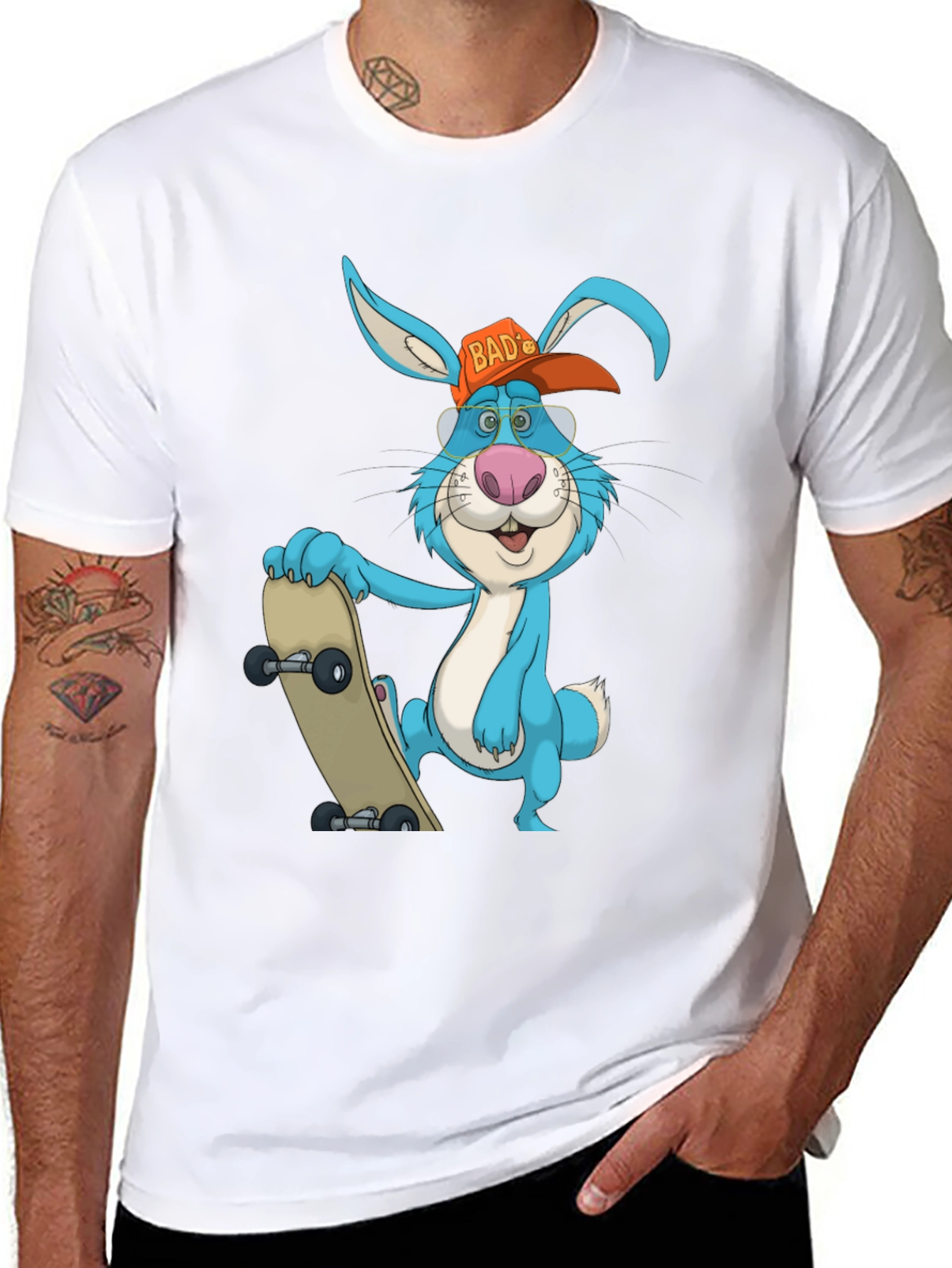Black Cool Rabbit Skateboarder Graphic T-Shirt view 8