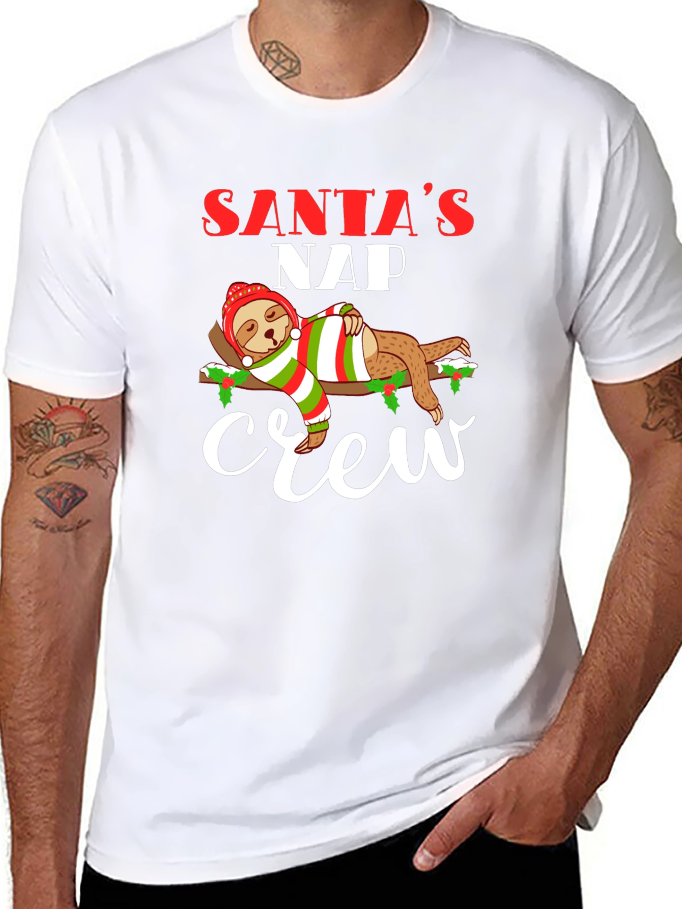 Black Santa's Nap Crew Sloth Christmas T-Shirt view 8