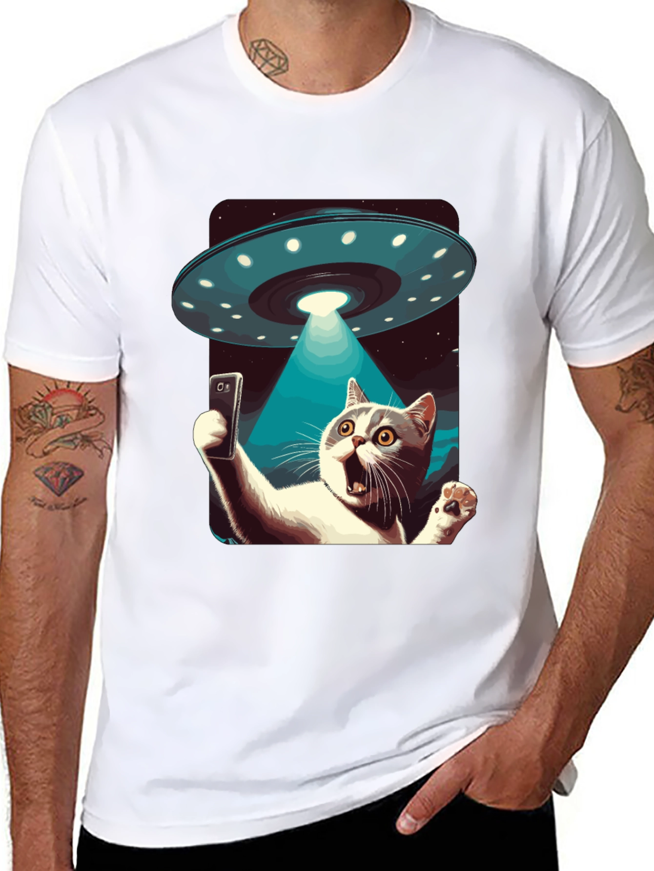 Black Alien Abduction Cat Selfie T-Shirt view 8