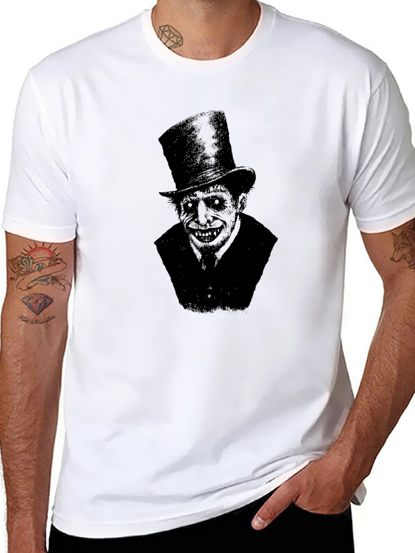 Black Creepy Top Hat Man Graphic T-Shirt - Black view 8