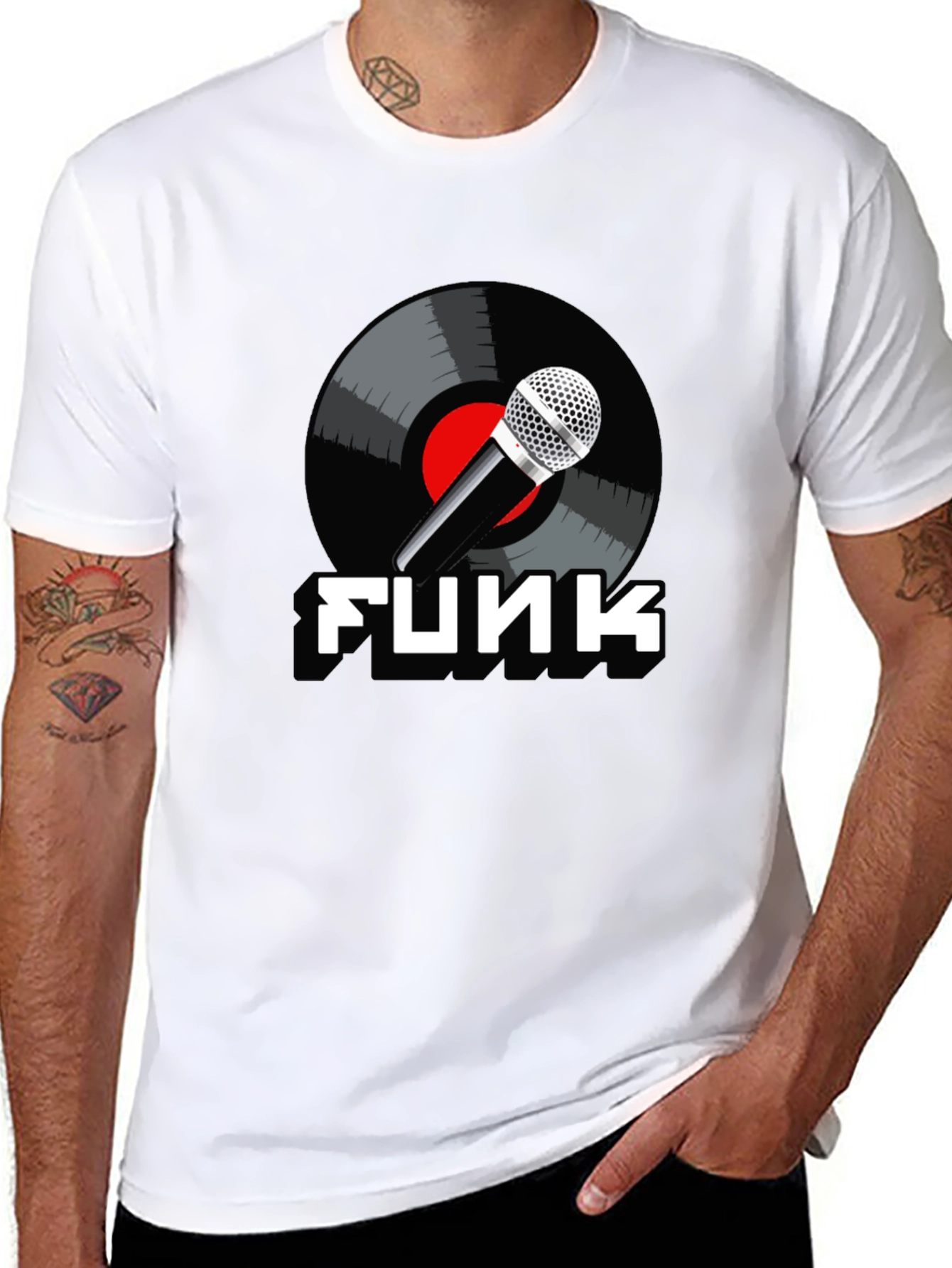Black Funk Music T-Shirt with Microphone and Vinyl Record Design view 8