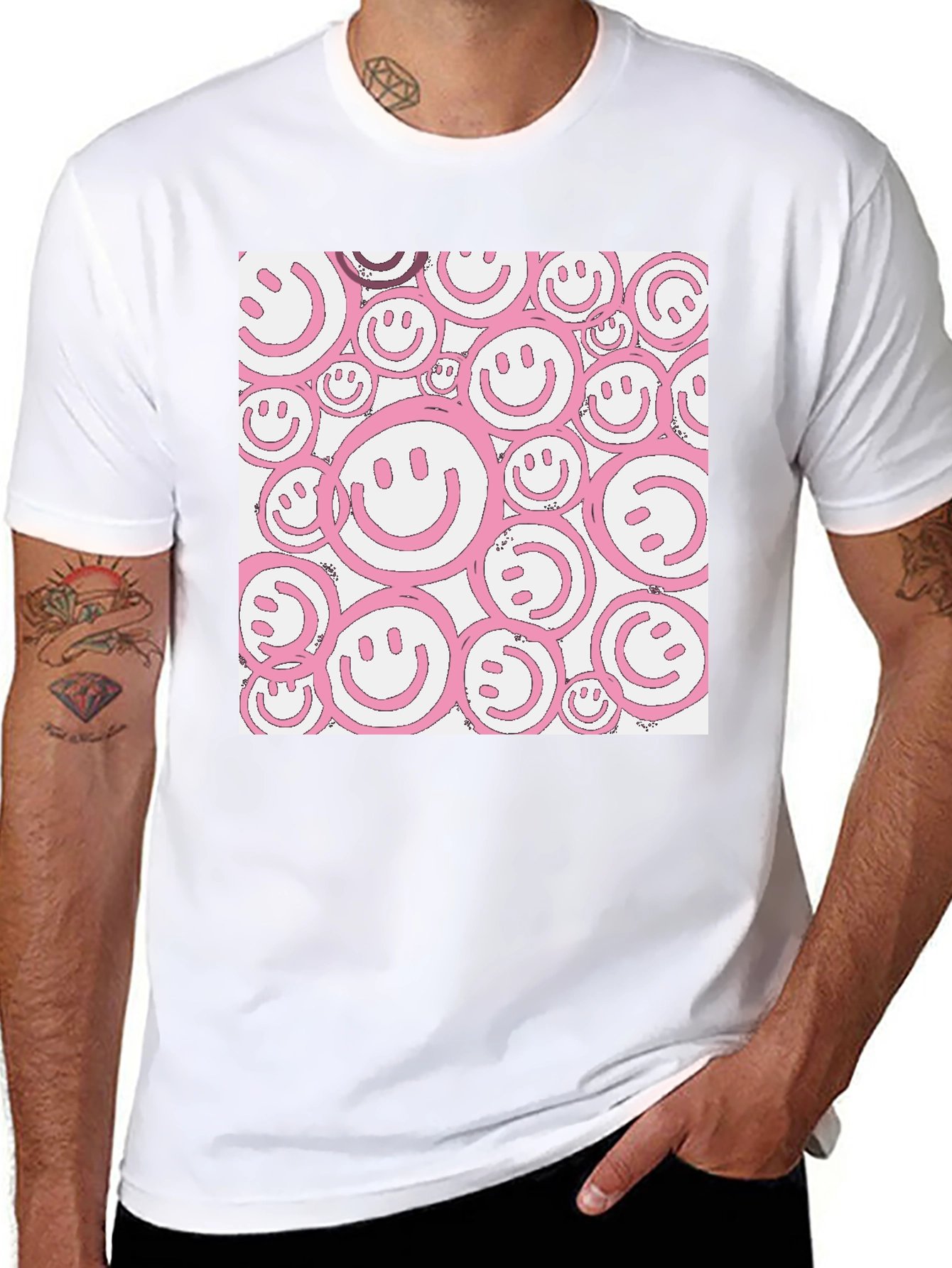 Black Pink Smiley Face Graphic Black T-Shirt view 8