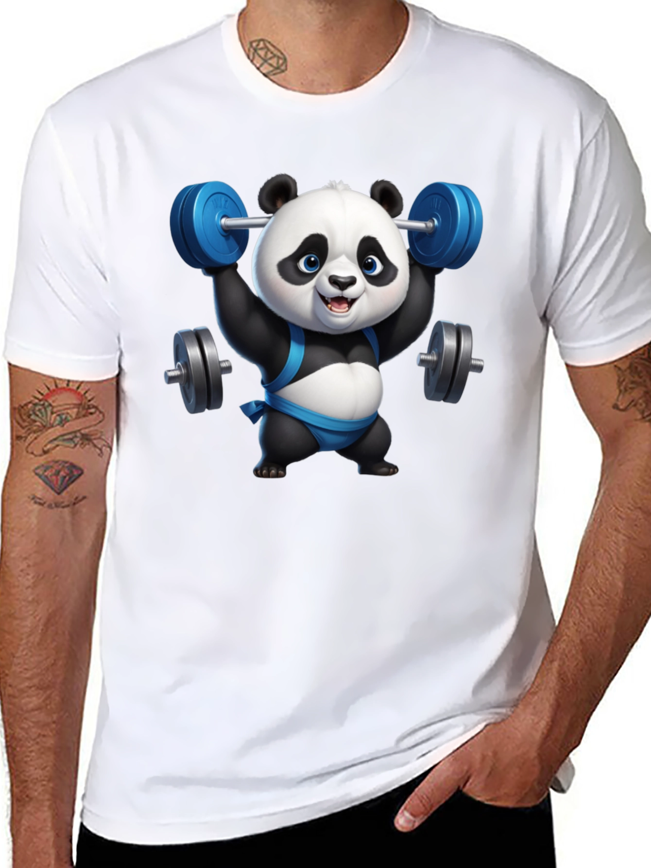Black Funny Panda Lifting Weights Black T-Shirt view 8