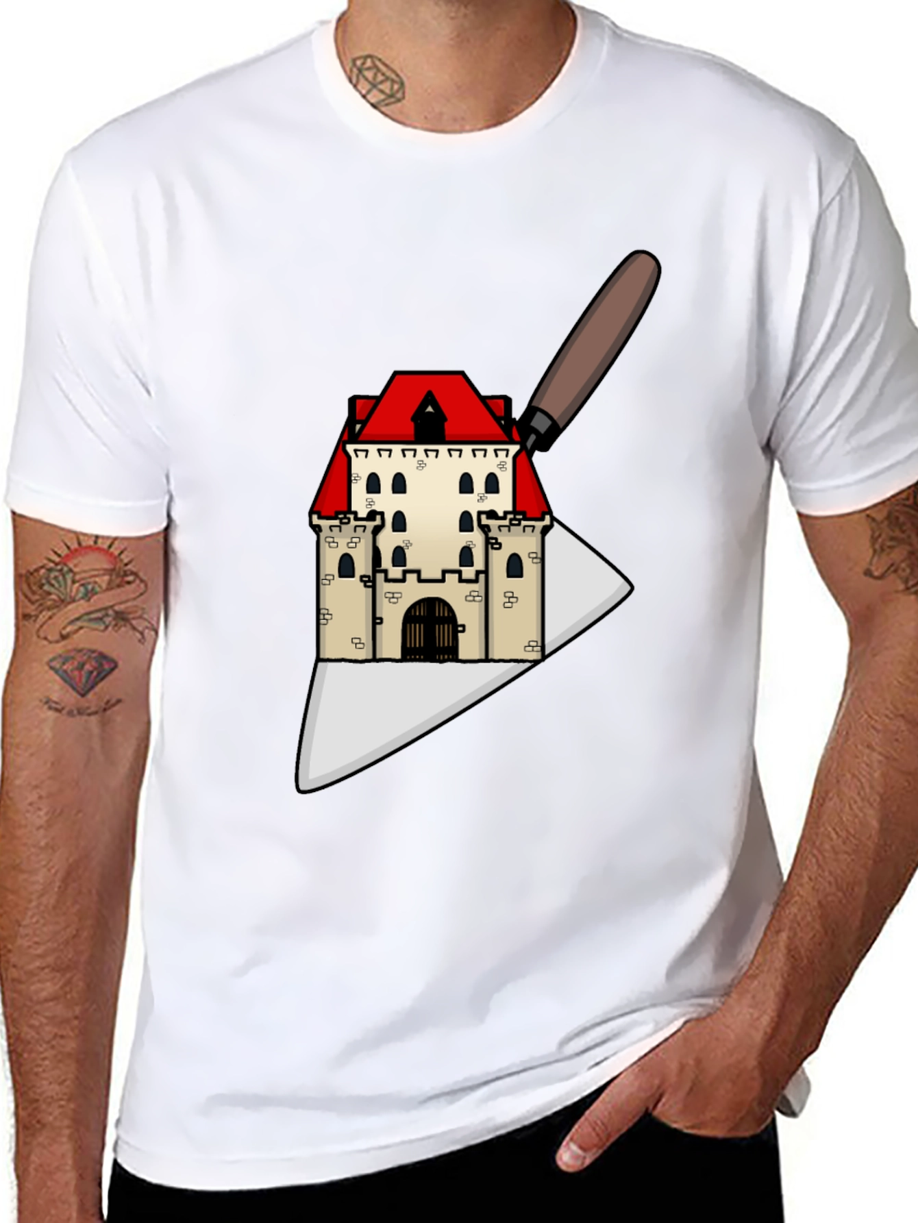 Black Architect T-Shirt: Castle on Trowel Design view 8