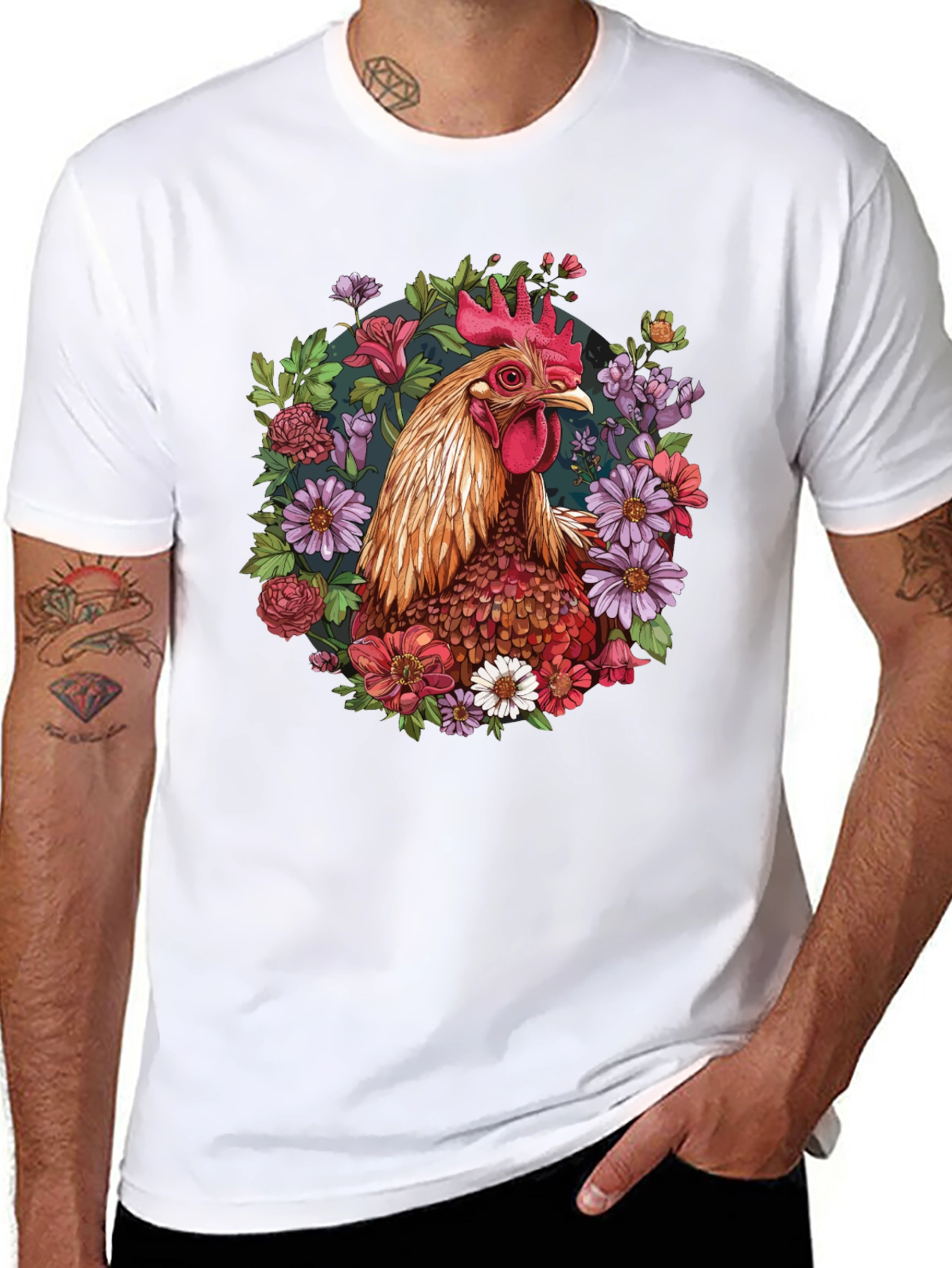 Black Rooster Floral T-Shirt - Unique Graphic Tee view 8