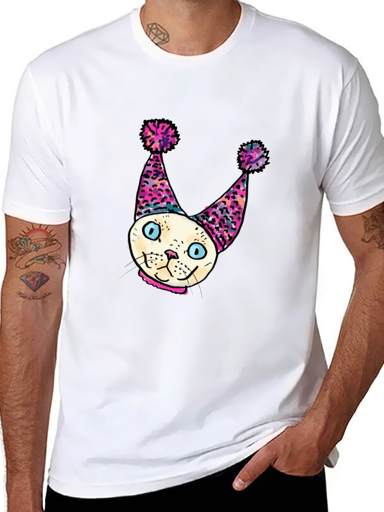 Black Whimsical Cat Clown T-Shirt - Unique Graphic Tee view 8