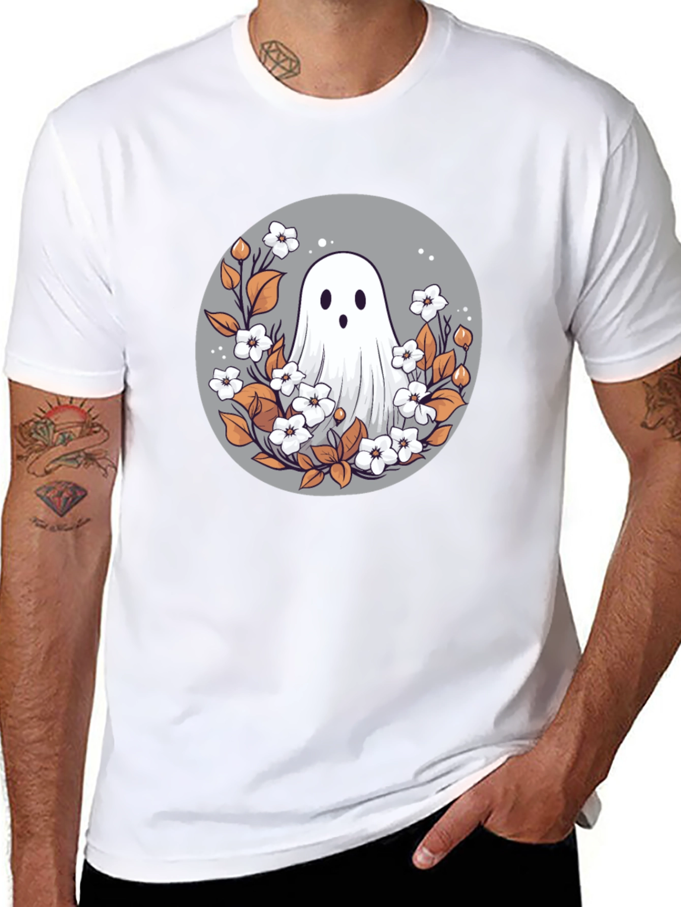 Black Ghostly Floral T-Shirt - Spooky Cute Design view 8