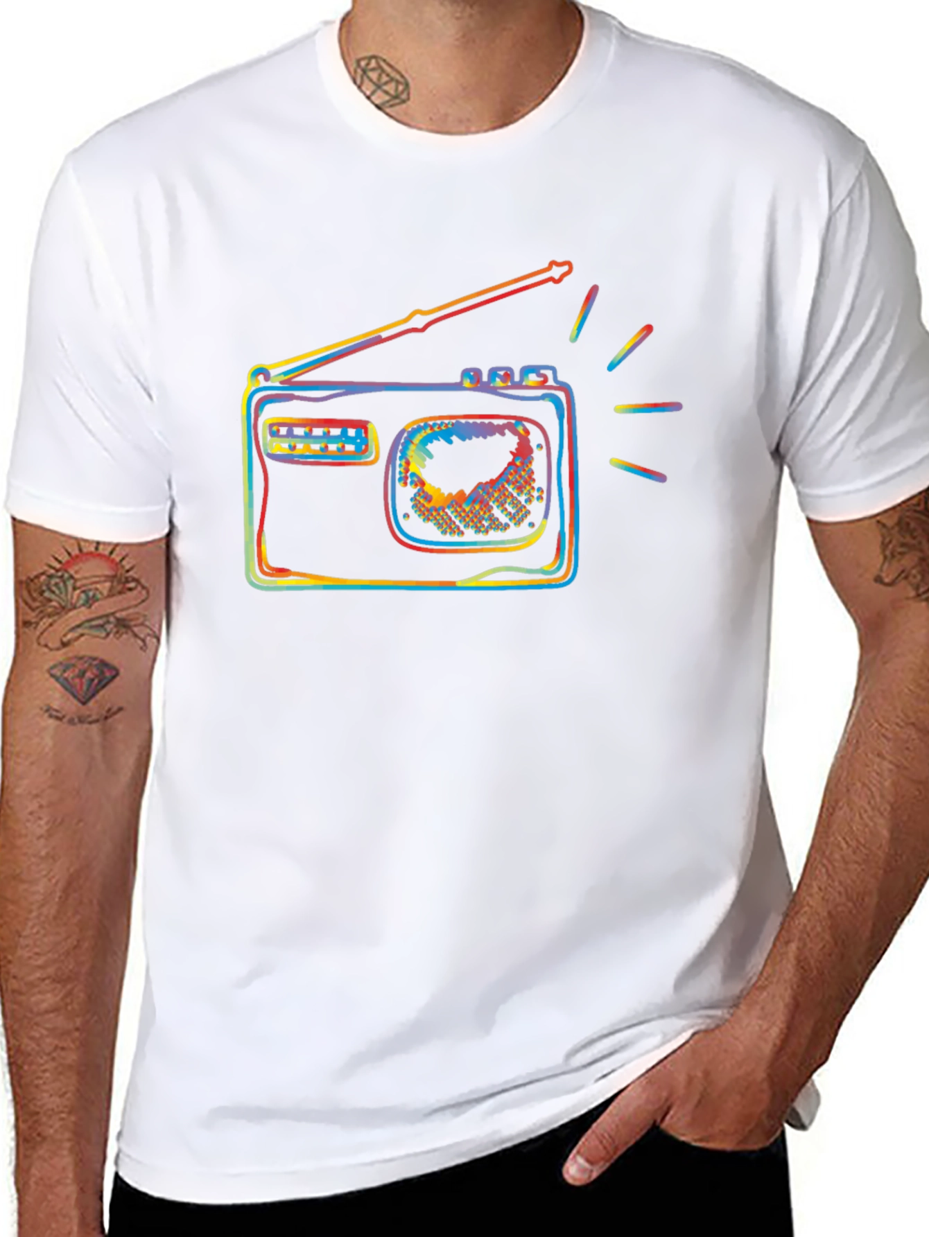 Black Retro Radio Colorful Graphic Black T-Shirt view 8