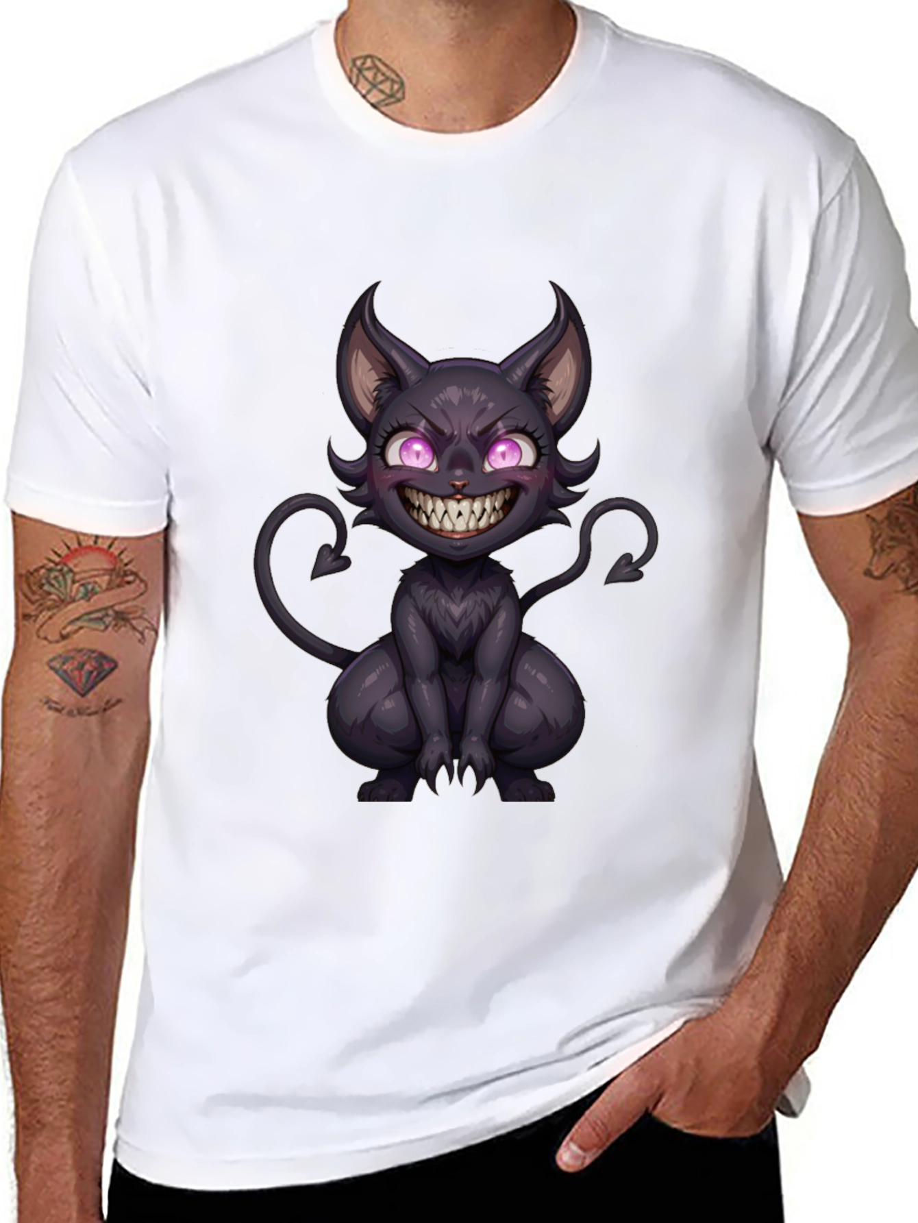 Black Men's Black T-Shirt with Devil Cat Graphic view 8