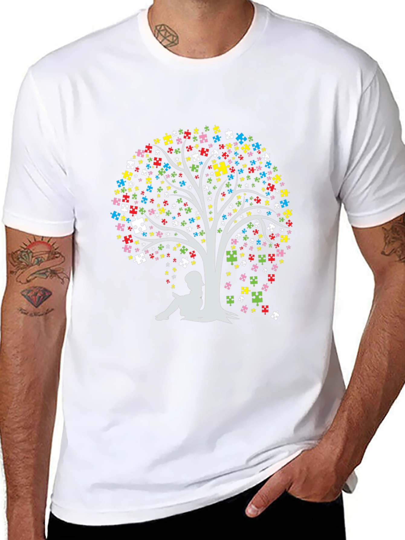 Black Autism Awareness Puzzle Tree T-Shirt view 8