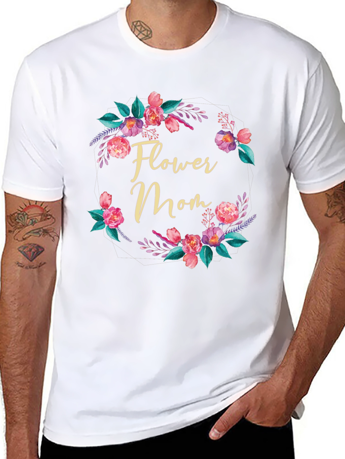 Black Flower Mom T-Shirt - Floral Wreath Design view 8