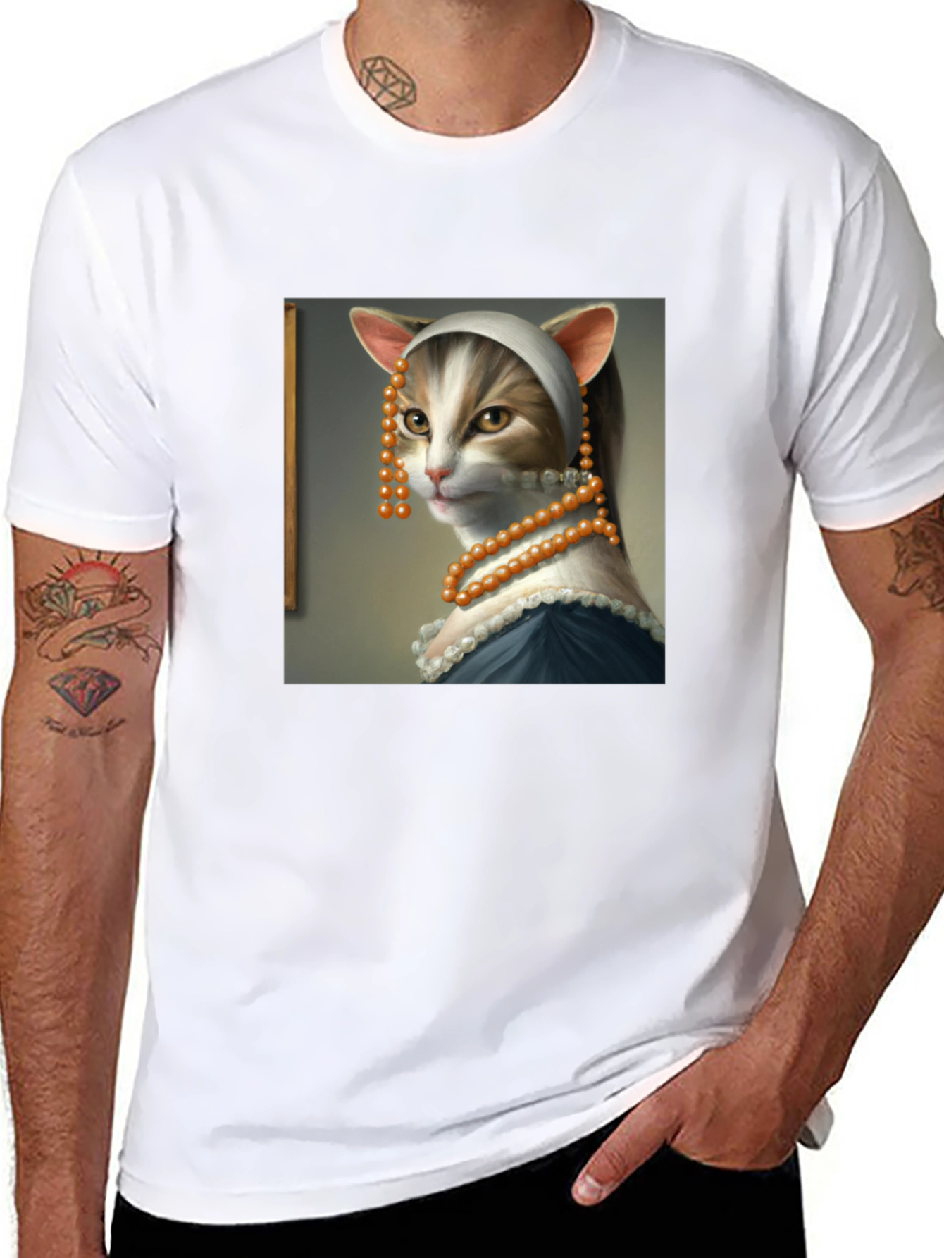 Black Cat with a Pearl Earring T-Shirt - Funny Art Tee view 8