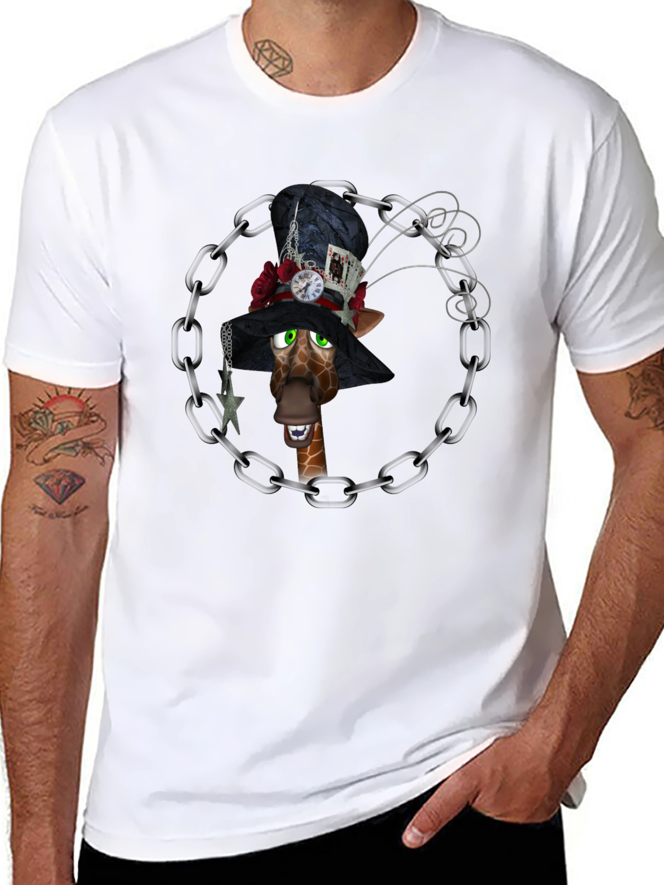 Giraffe Mad Hatter T-Shirt, Black Cotton Tee - 8