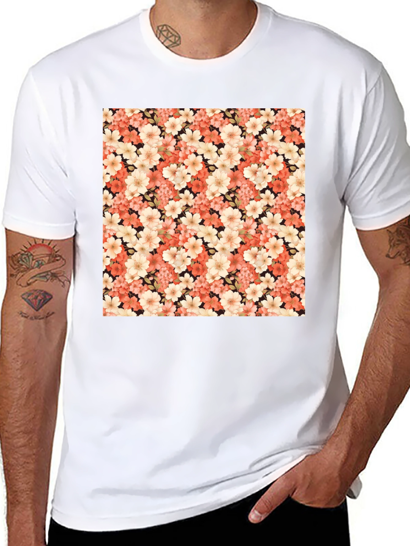 Black Floral Pattern Black T-Shirt view 8