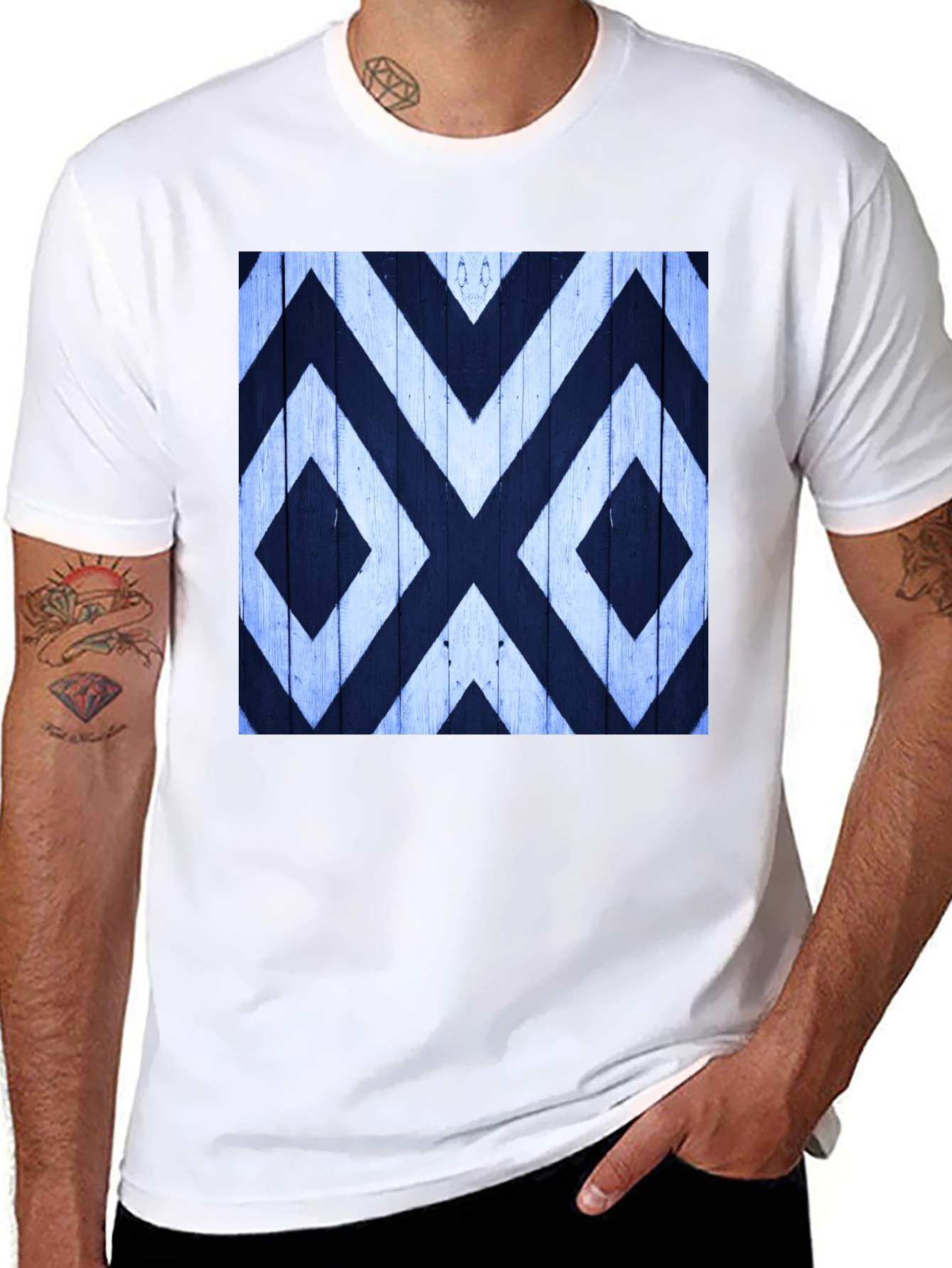 Black Geometric Pattern Tee - Black Cotton Casual Wear view 8