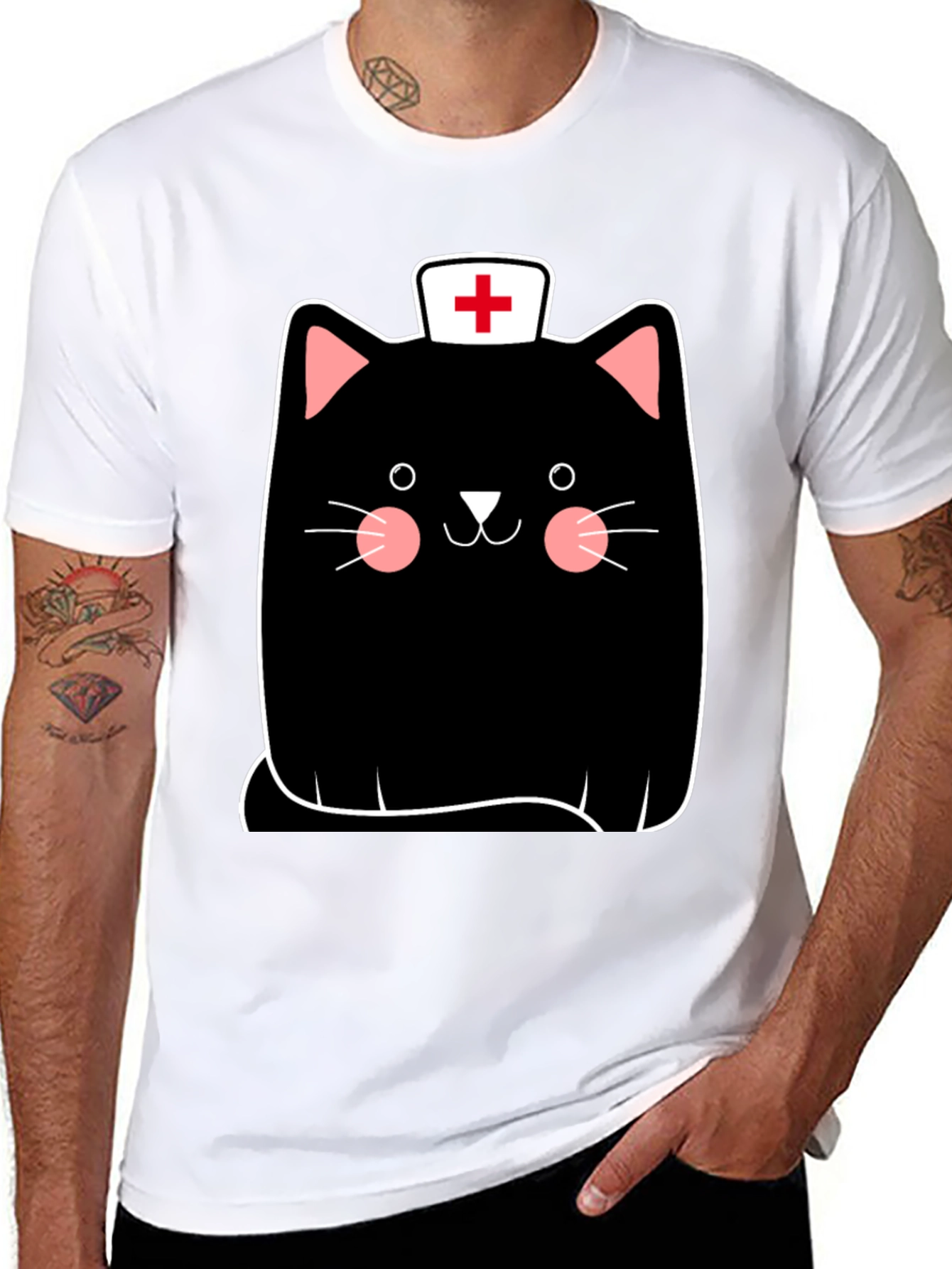 Black Nurse Cat Graphic Tee - Black Cotton T-Shirt view 8