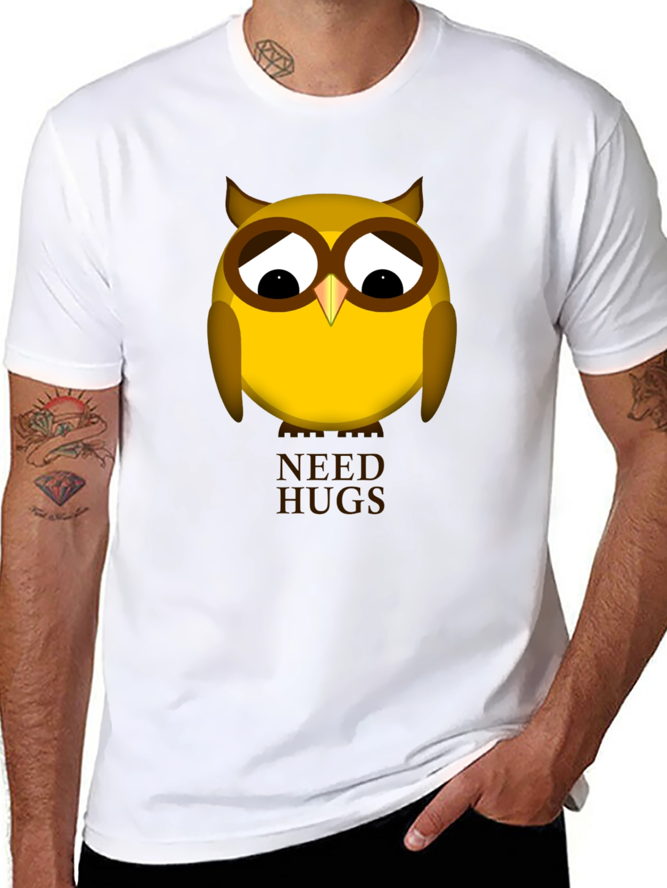 Black Sad Owl Needs Hugs Graphic T-Shirt - Unisex Black Tee view 8