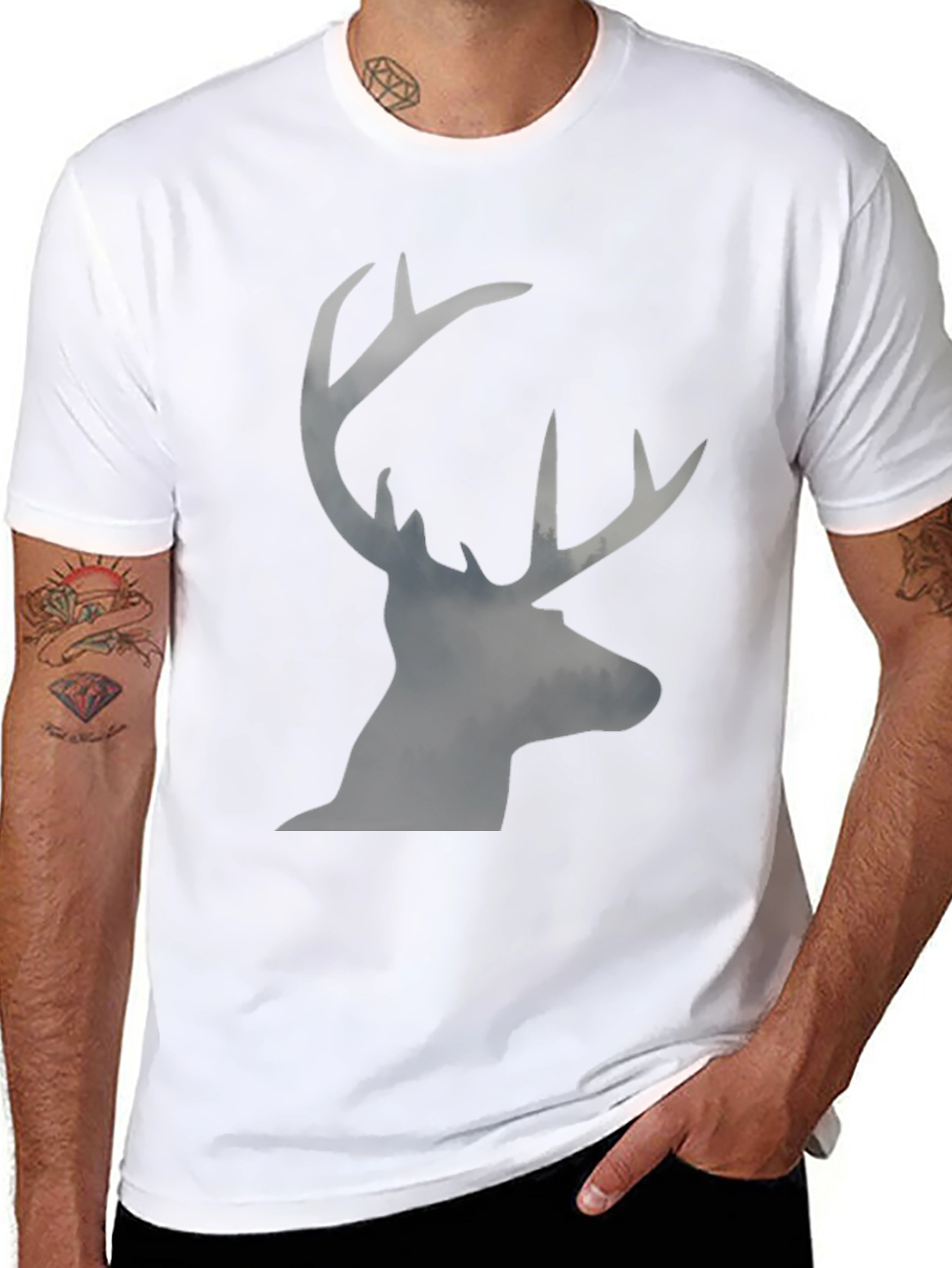 Black Men's Black T-Shirt with Stag Silhouette Graphic view 8