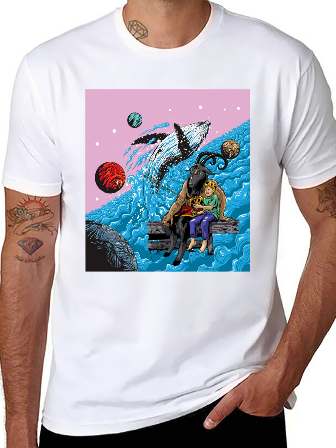 Black Whimsical Goat, Boy, and Whale Graphic Tee view 8