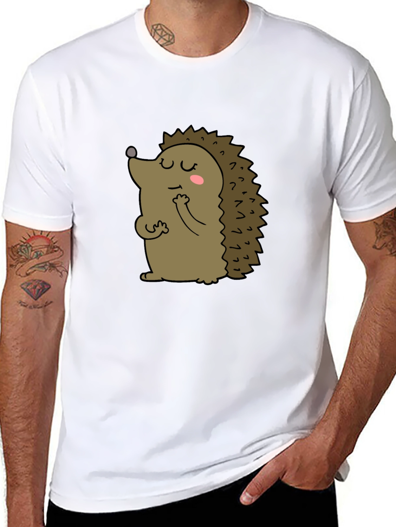Black Cute Hedgehog Graphic Tee - Unisex Black T-Shirt view 8