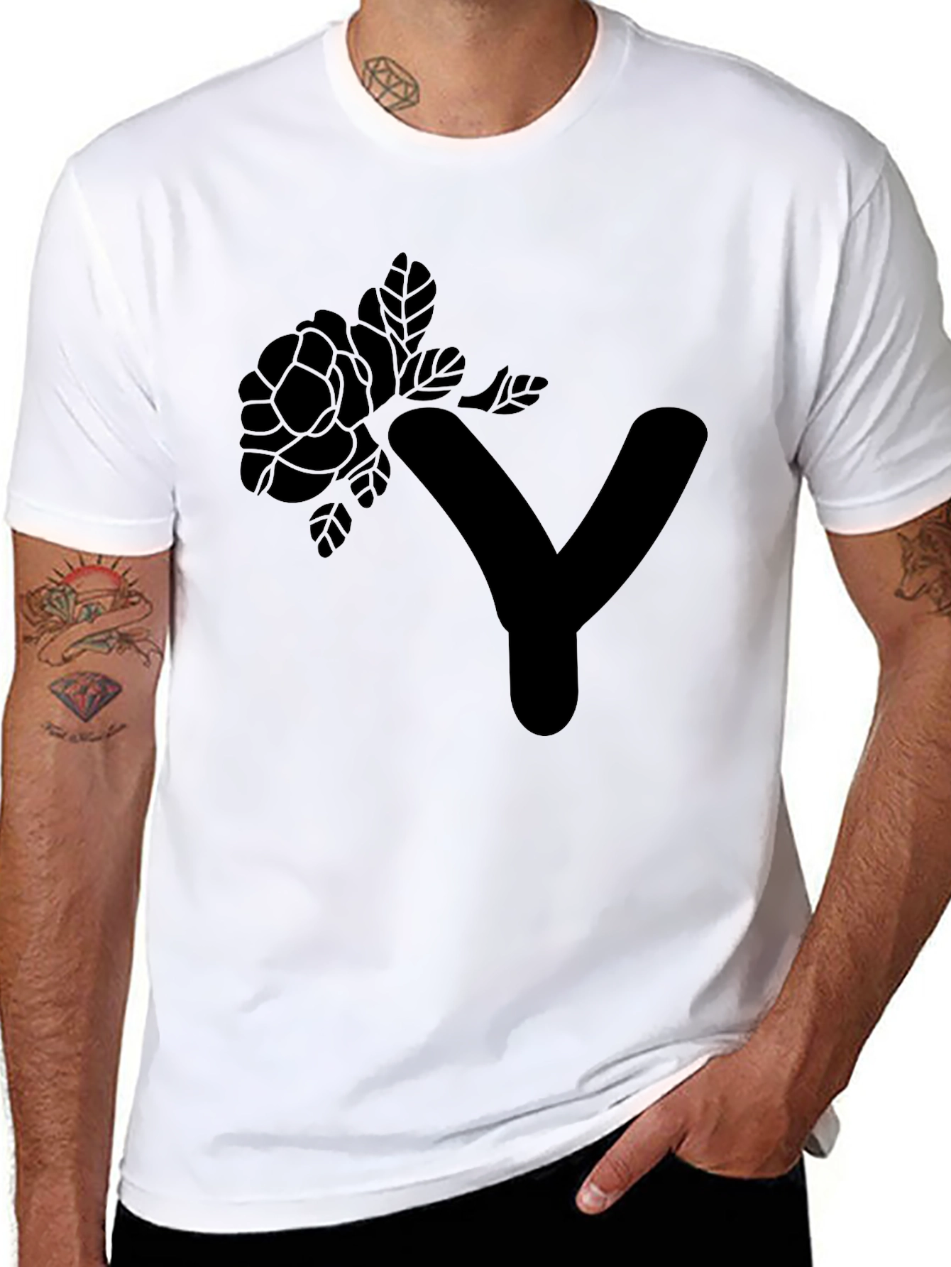 Black Floral Y Graphic Tee - Modern Black Cotton T-Shirt view 8