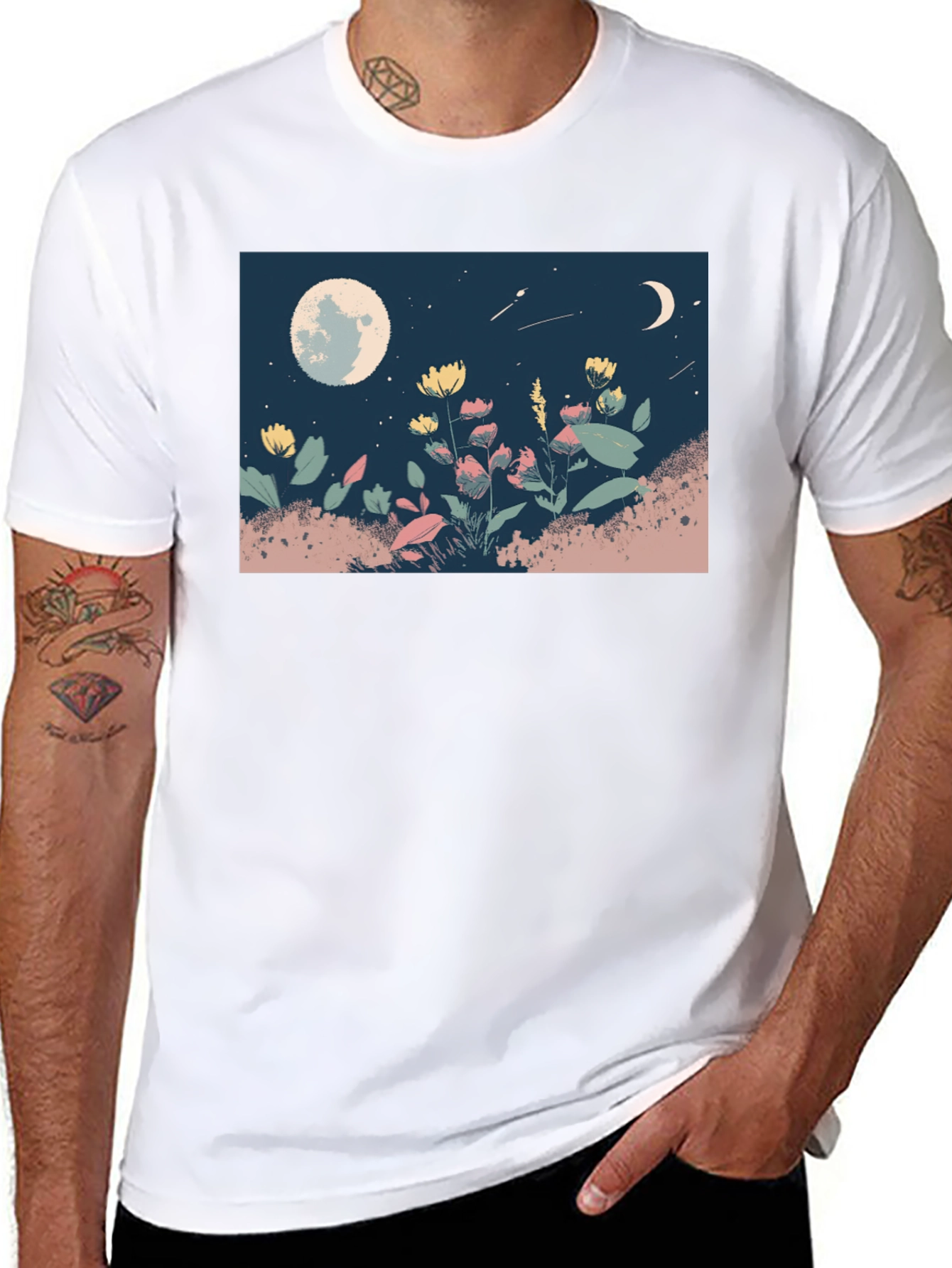 Moonlit Meadow Graphic Tee - Black Casual Shirt - 8