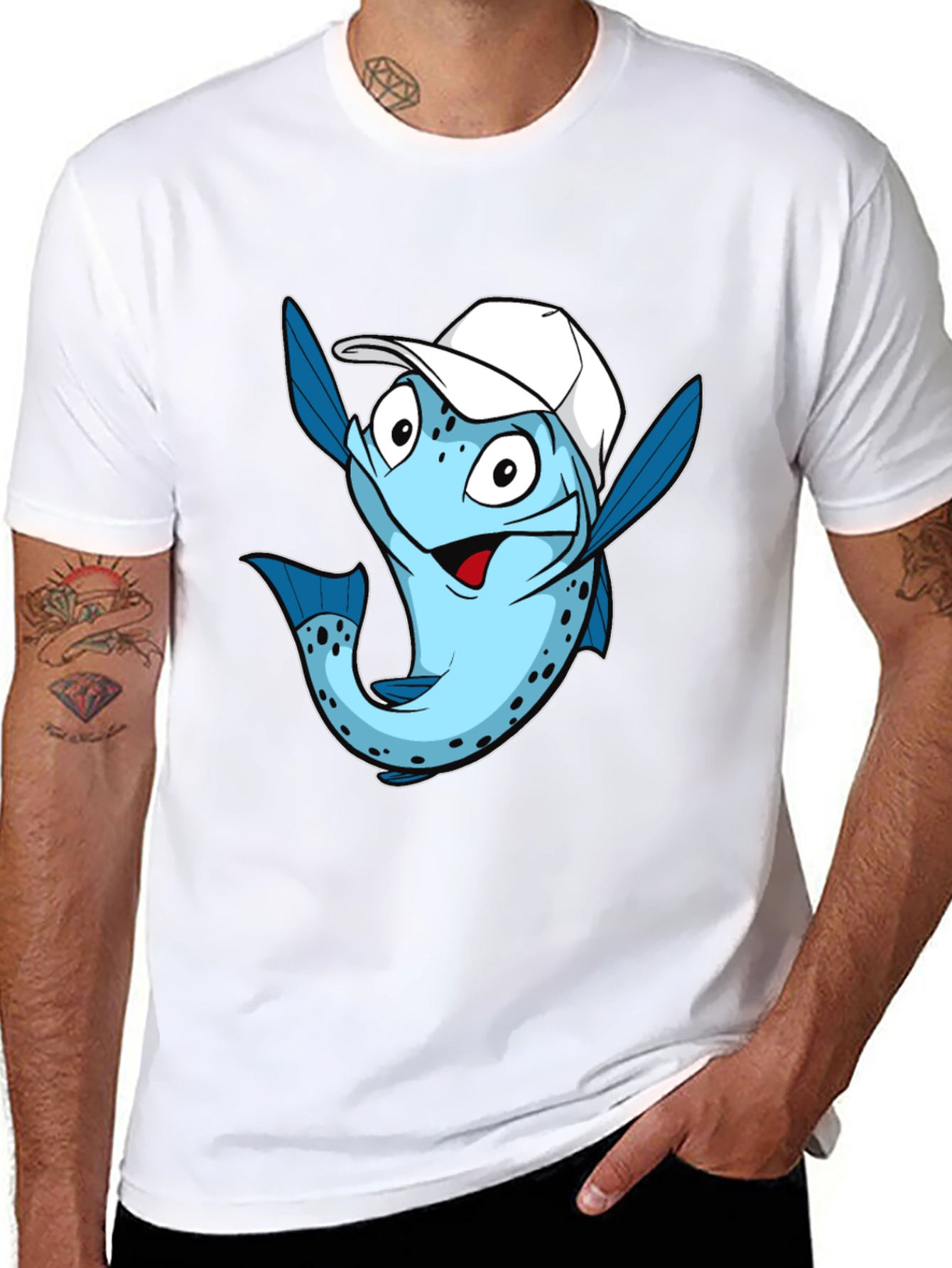 Black Funny Fish with Cap Graphic Tee - Black Cotton T-Shirt view 8