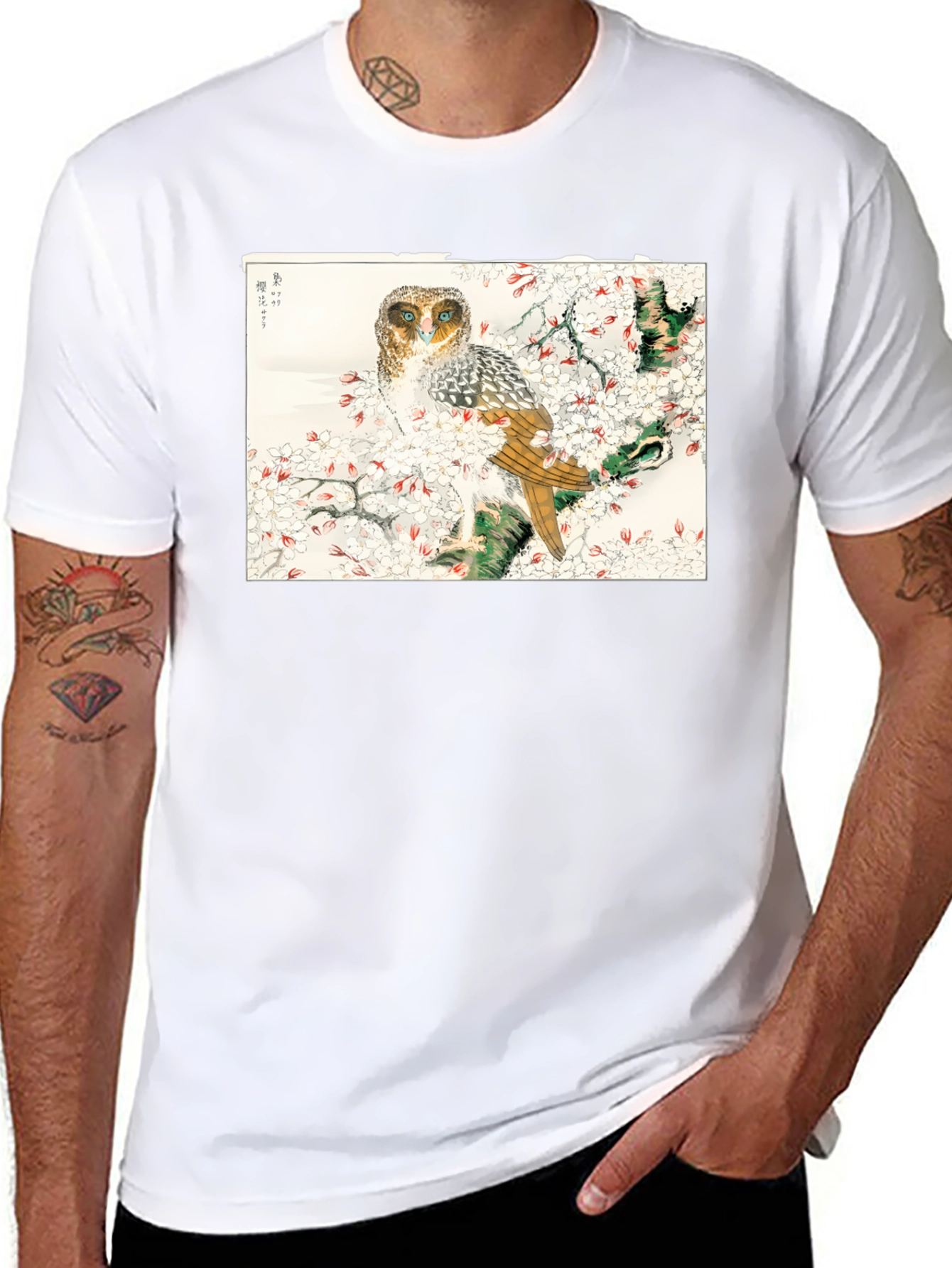 Black Owl and Cherry Blossom Art T-Shirt view 8