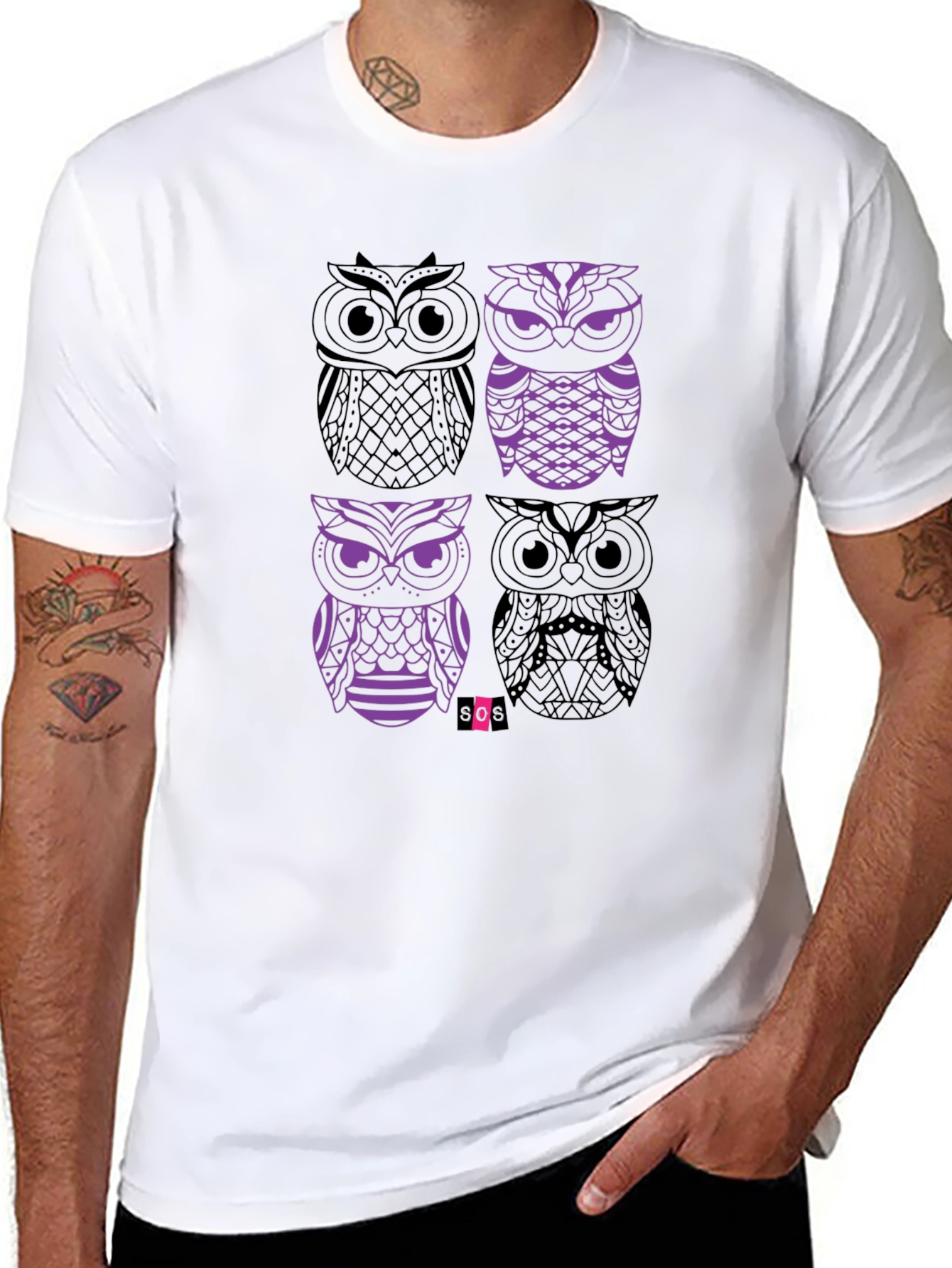 Owl Graphic Print Men's Black T-Shirt - 8
