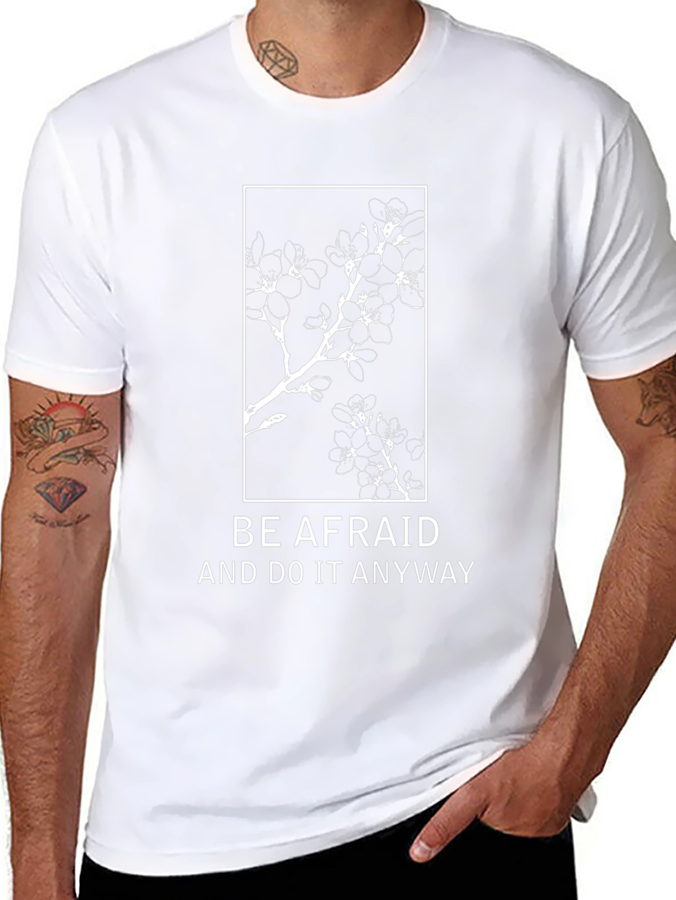Black Be Afraid T-Shirt: Floral Design, Motivational Quote view 8
