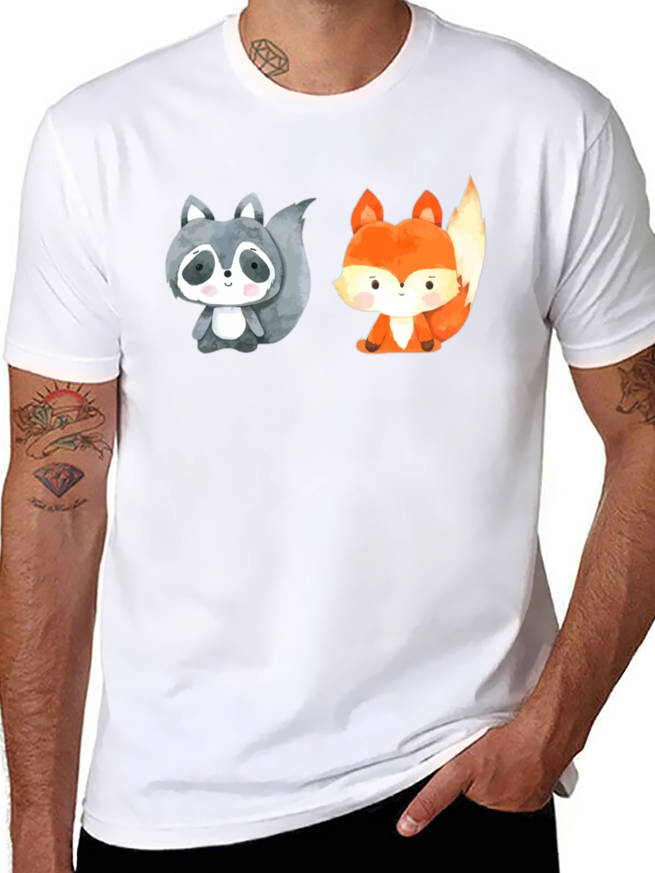 Black Cute Cartoon Animal Tee: Raccoon & Fox Black Shirt view 8