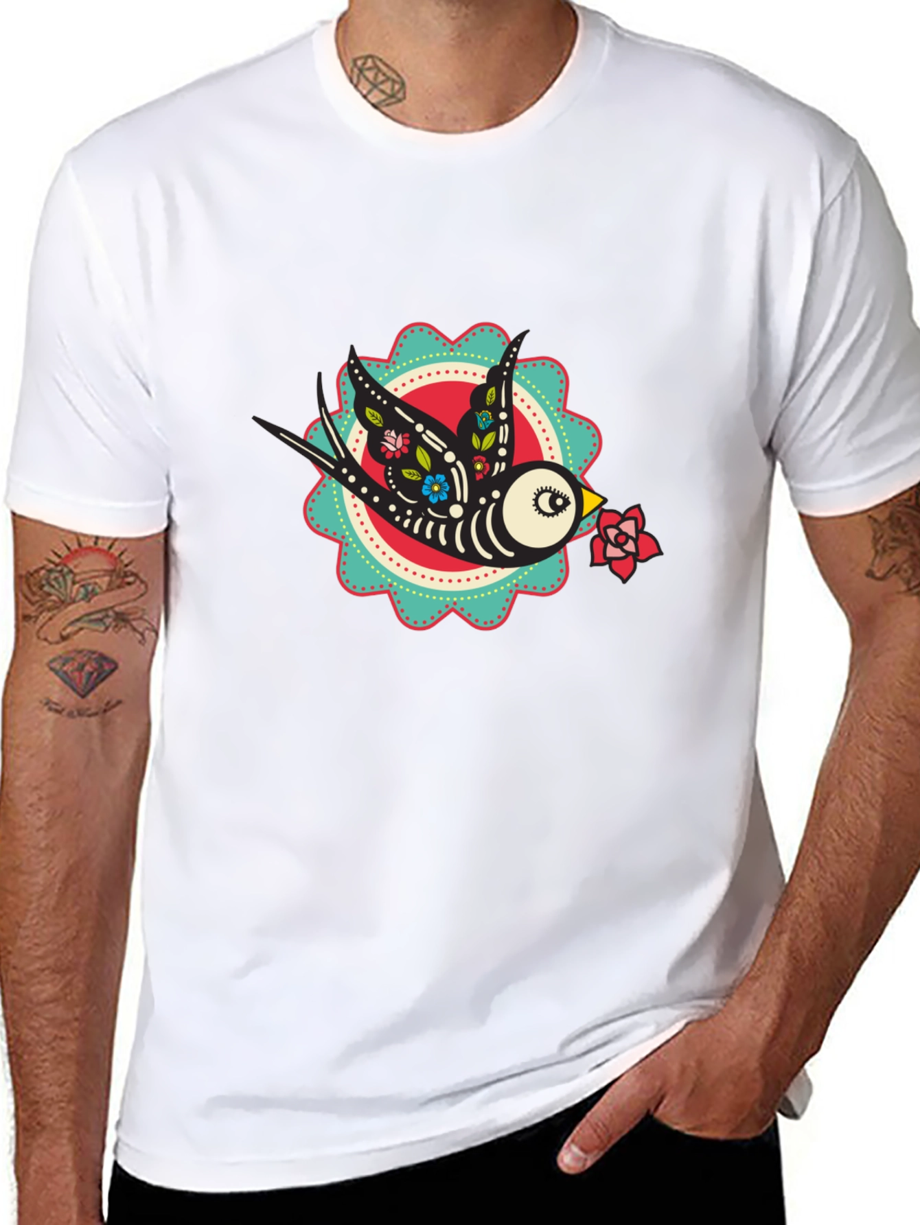 Black Day of the Dead Bird Graphic Tee - Black Cotton T-Shirt view 8