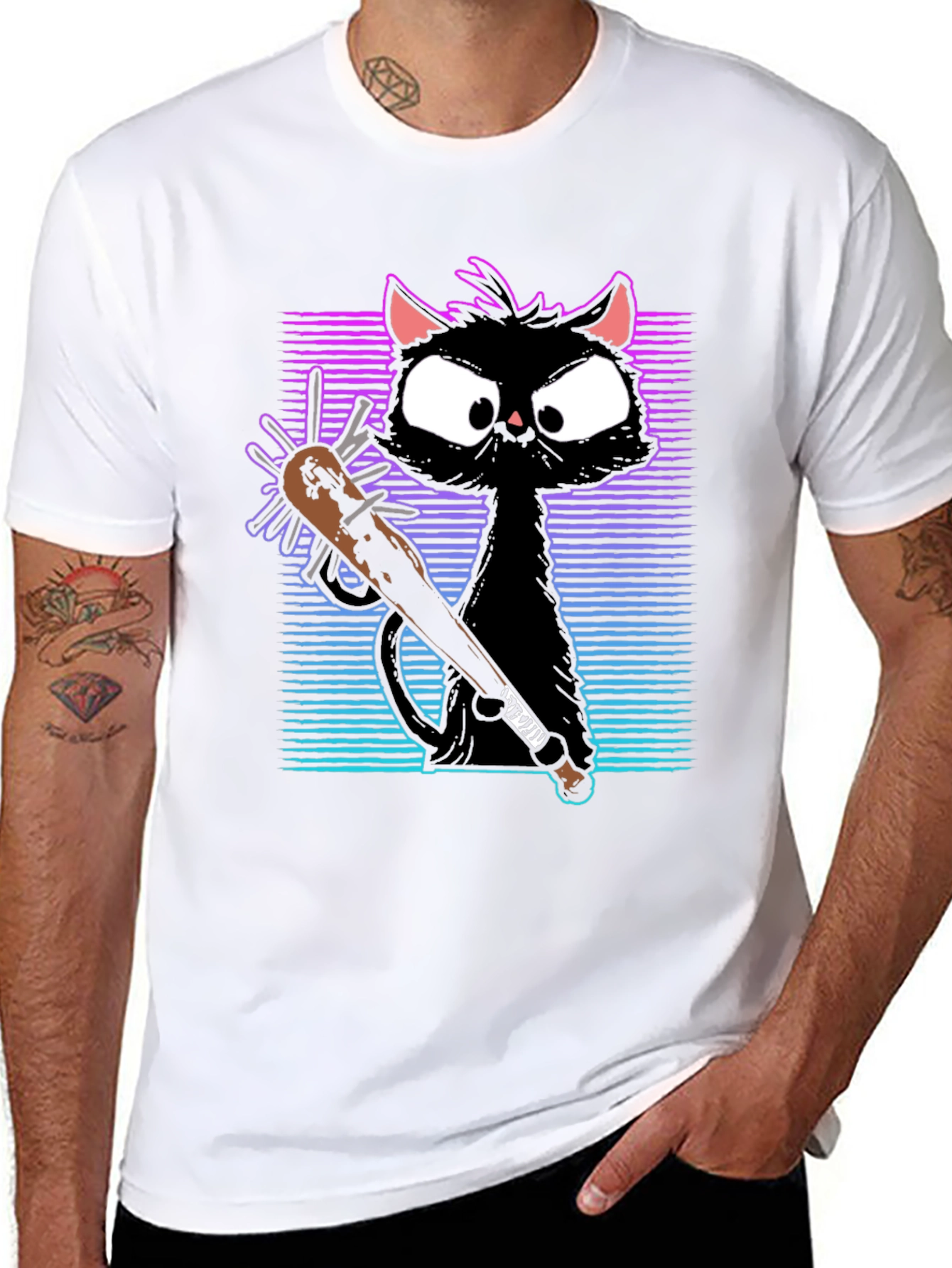 Black Gangster Cat T-Shirt with Spiked Bat - Black view 8