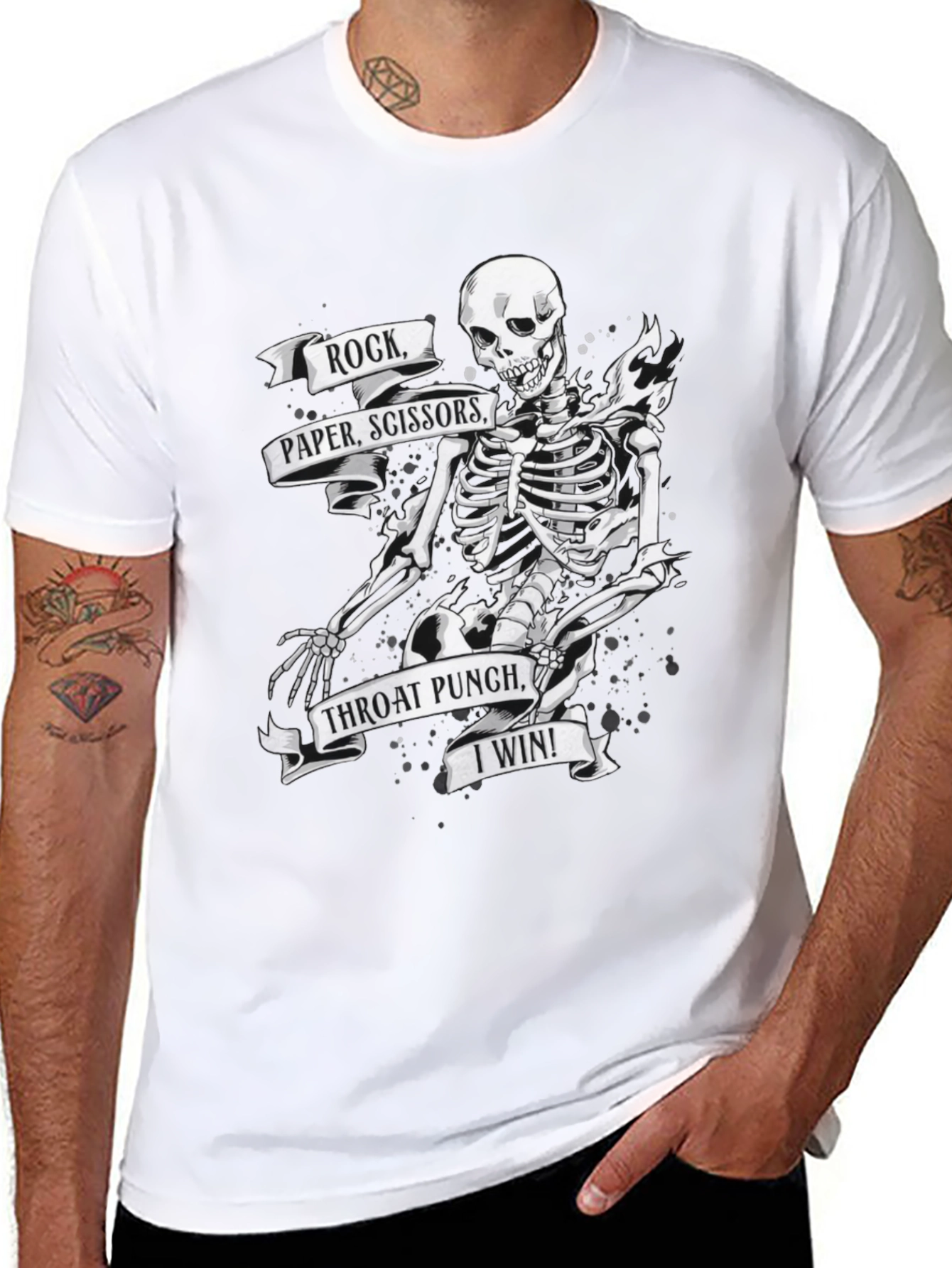 Black Humorous Skeleton T-Shirt: Rock, Paper, Scissors view 8
