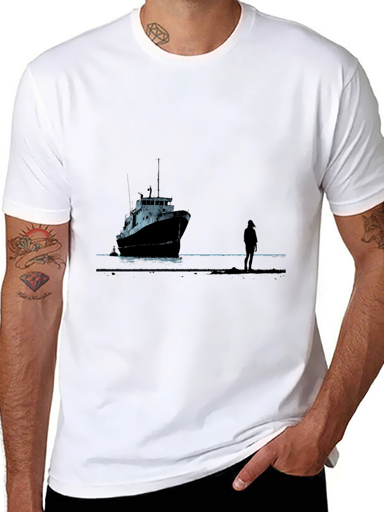 Black Ship Silhouette Graphic Black Tee view 8