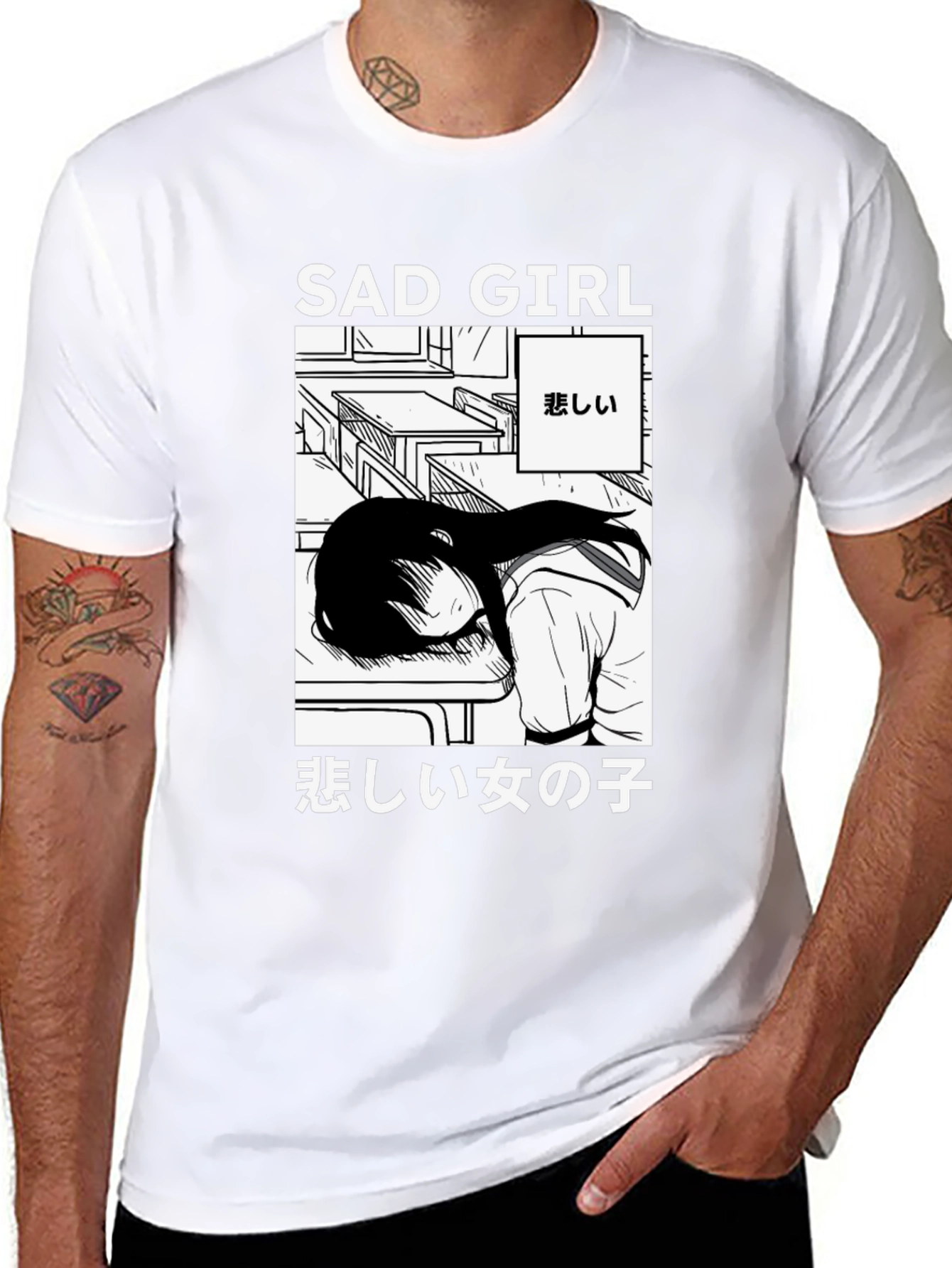 Black Sad Girl Anime Graphic T-Shirt - Unisex view 8