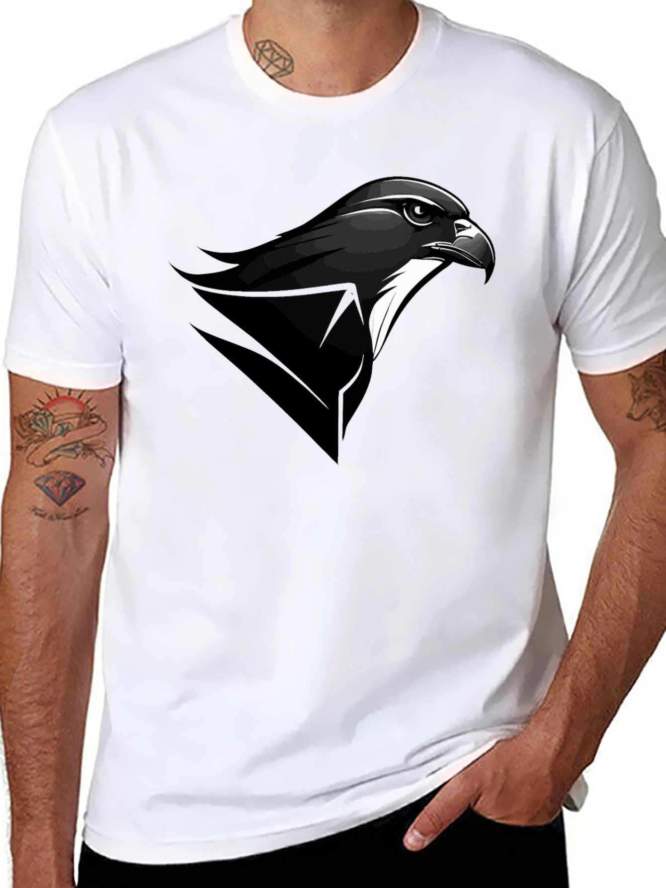 Black Men's Black T-Shirt with Falcon Graphic Tee view 8