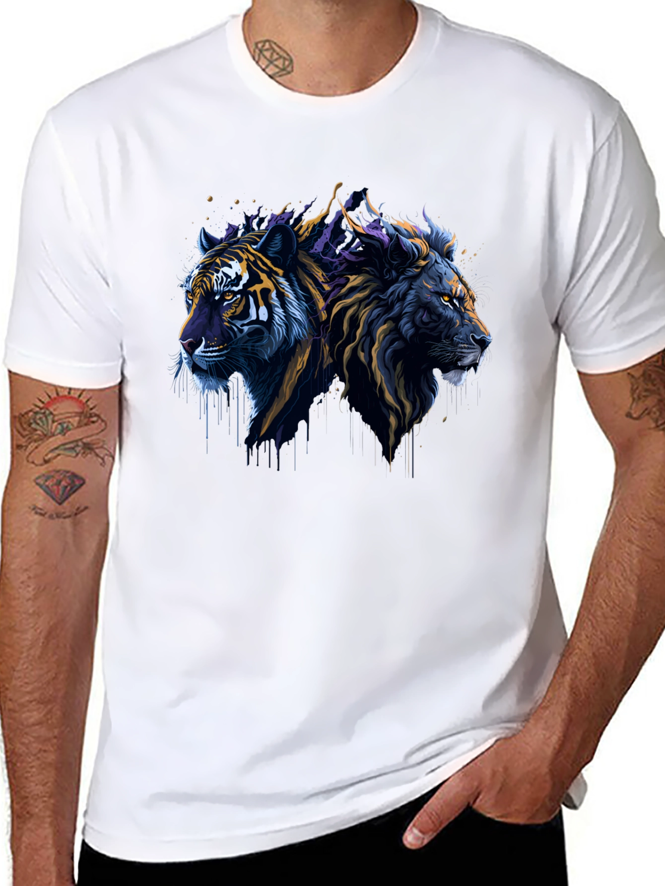 Black Lion & Tiger Graphic Tee - Black Crew Neck T-Shirt view 8