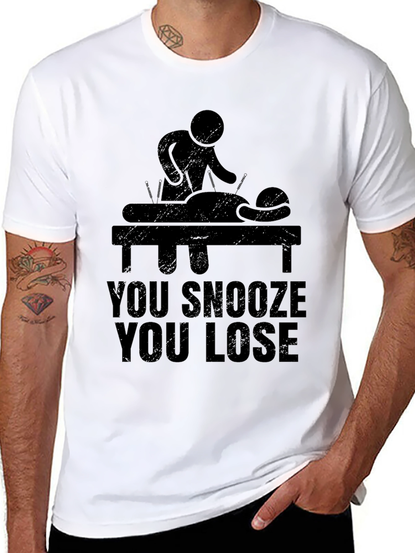 Black Acupuncture T-Shirt - You Snooze You Lose Funny Tee view 8