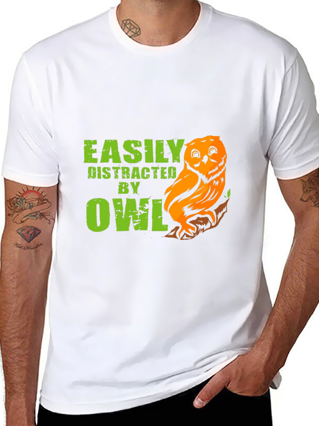 Black Easily Distracted By Owls Funny T-Shirt view 8