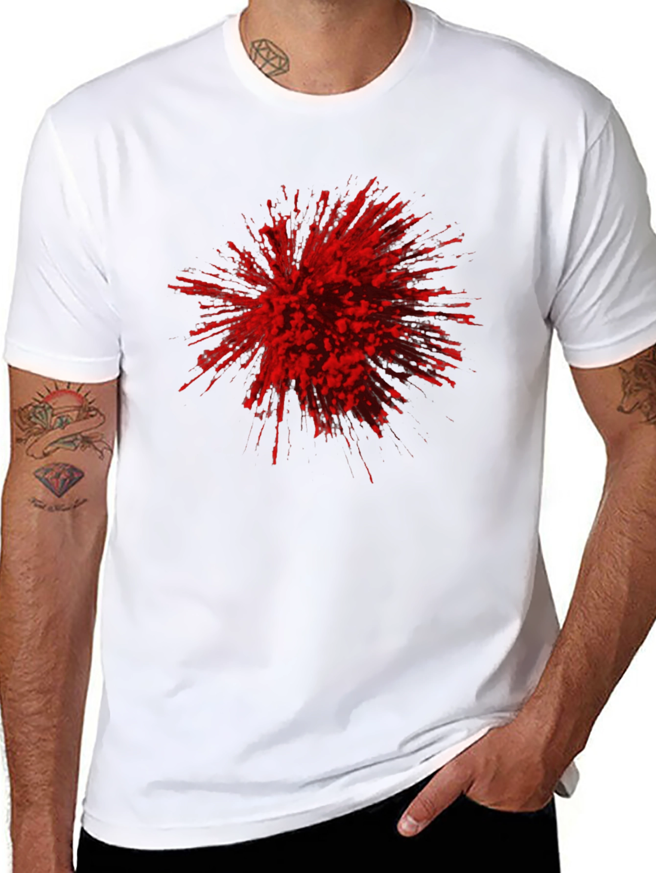 Black Abstract Red Burst Graphic Tee - Black Cotton Casual T-Shirt view 8