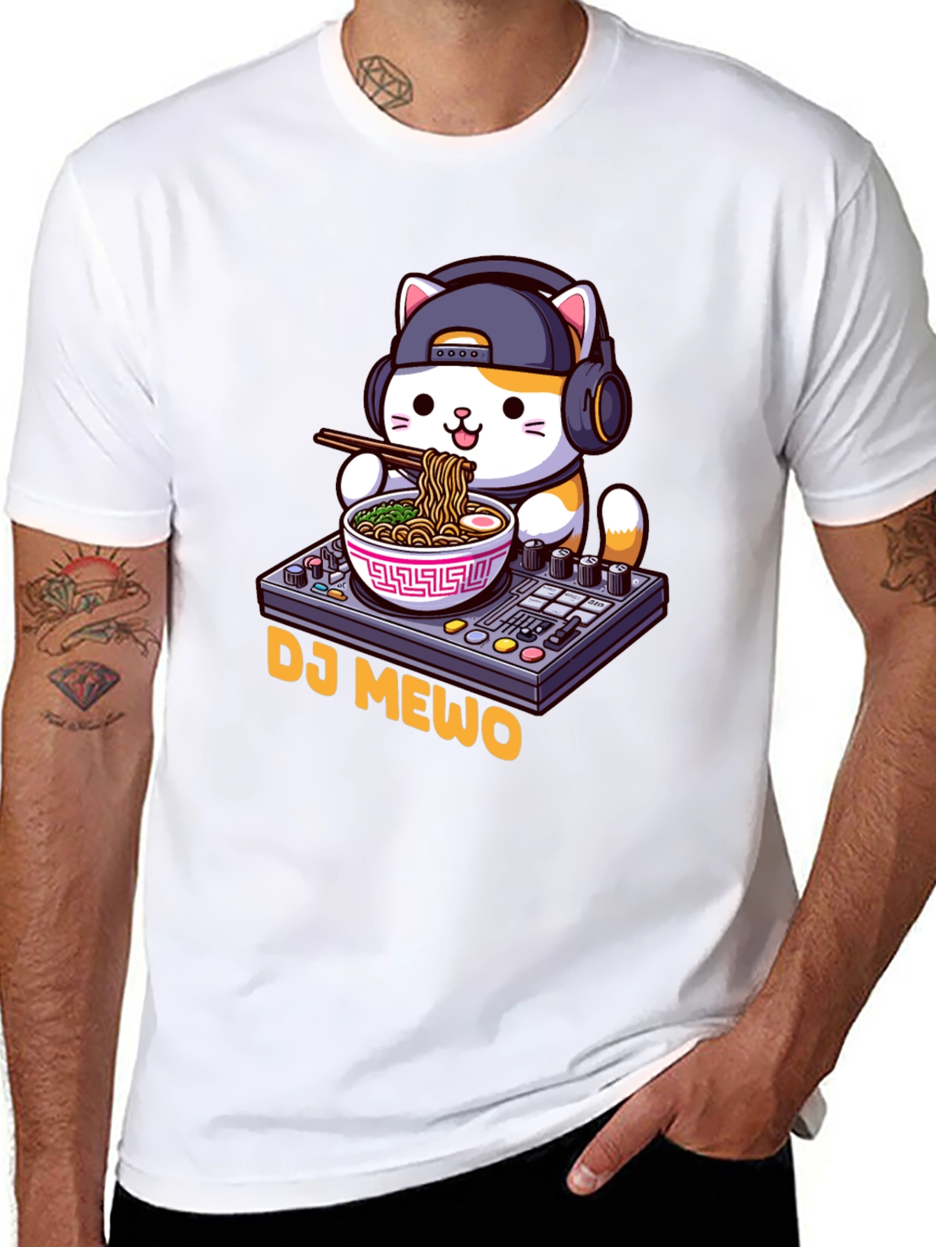 Black DJ MEWO Black T-Shirt - Cat Ramen DJ Design view 8