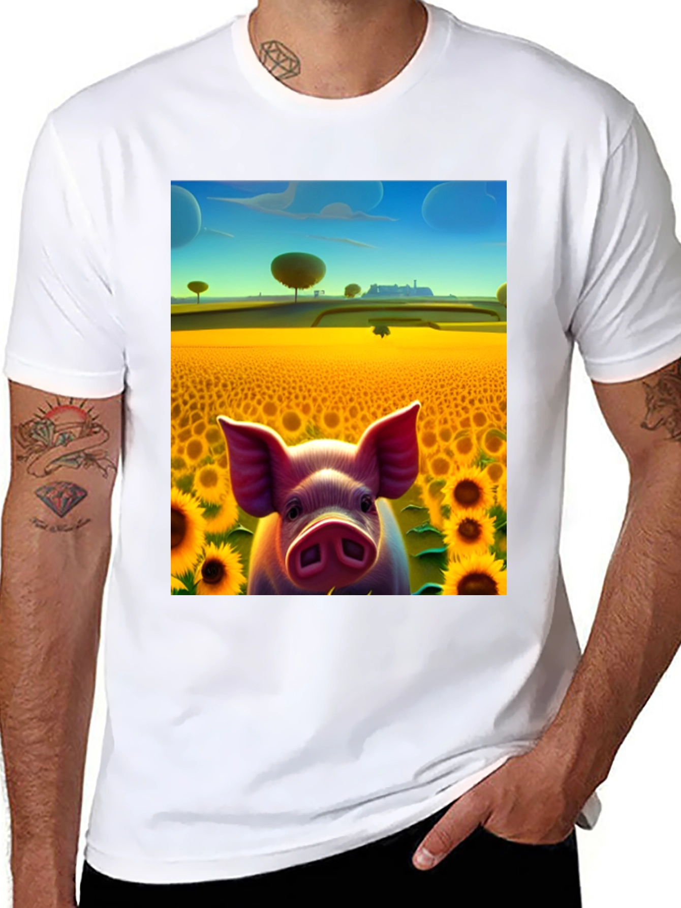 Black Pig in Sunflower Field Graphic Tee view 8