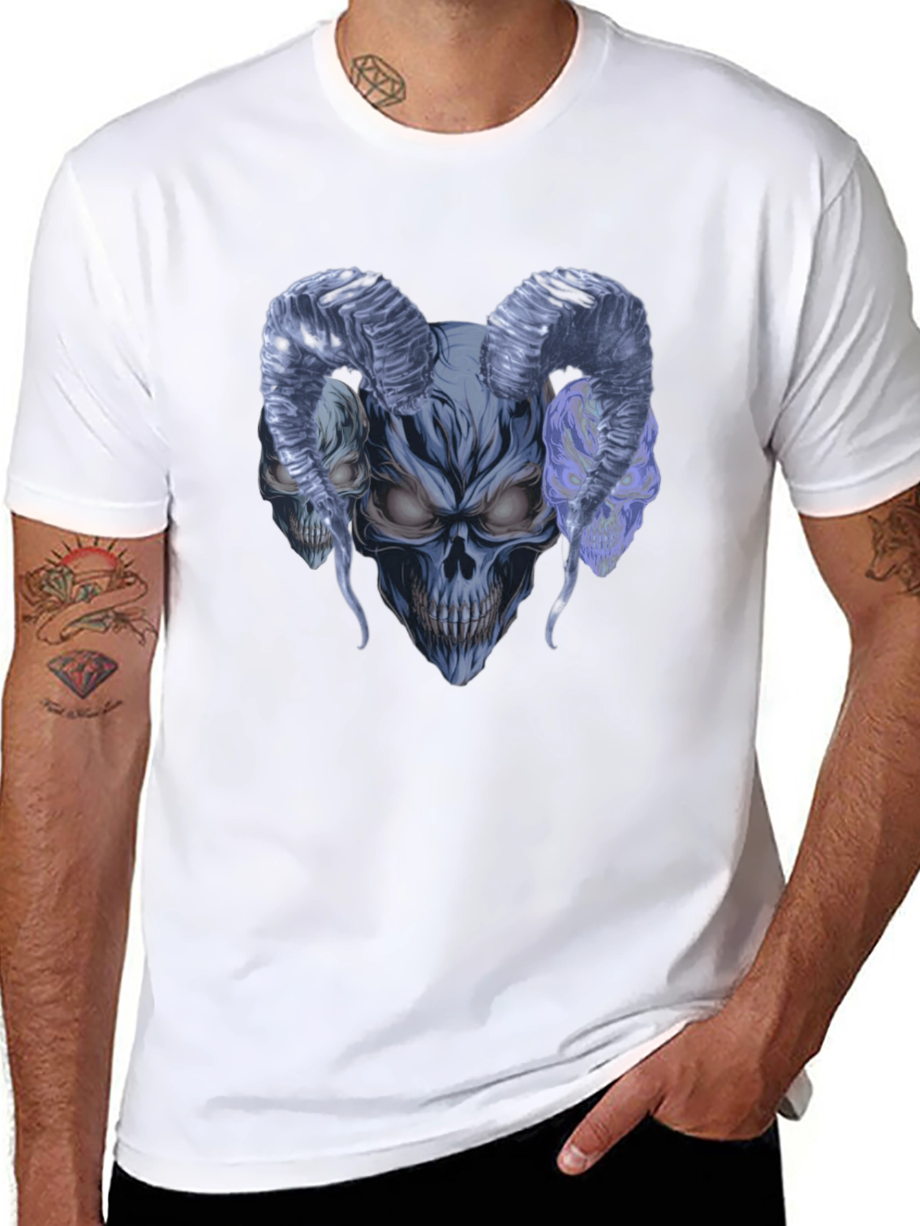 Black Skull Horns Graphic Tee - Men's Black Cotton T-Shirt view 8