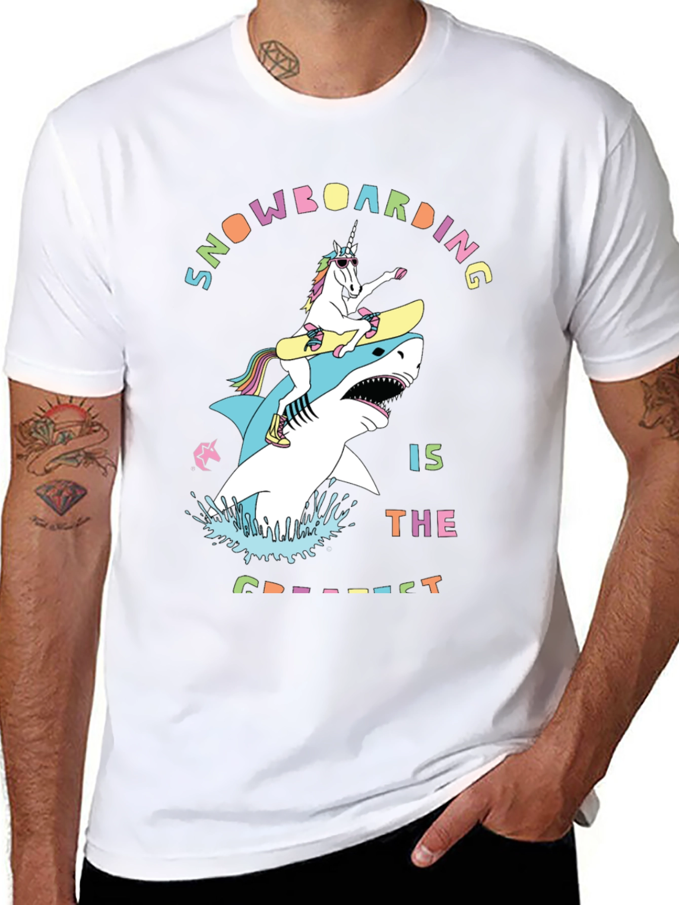 Black Snowboarding Shark & Unicorn Graphic Tee view 8