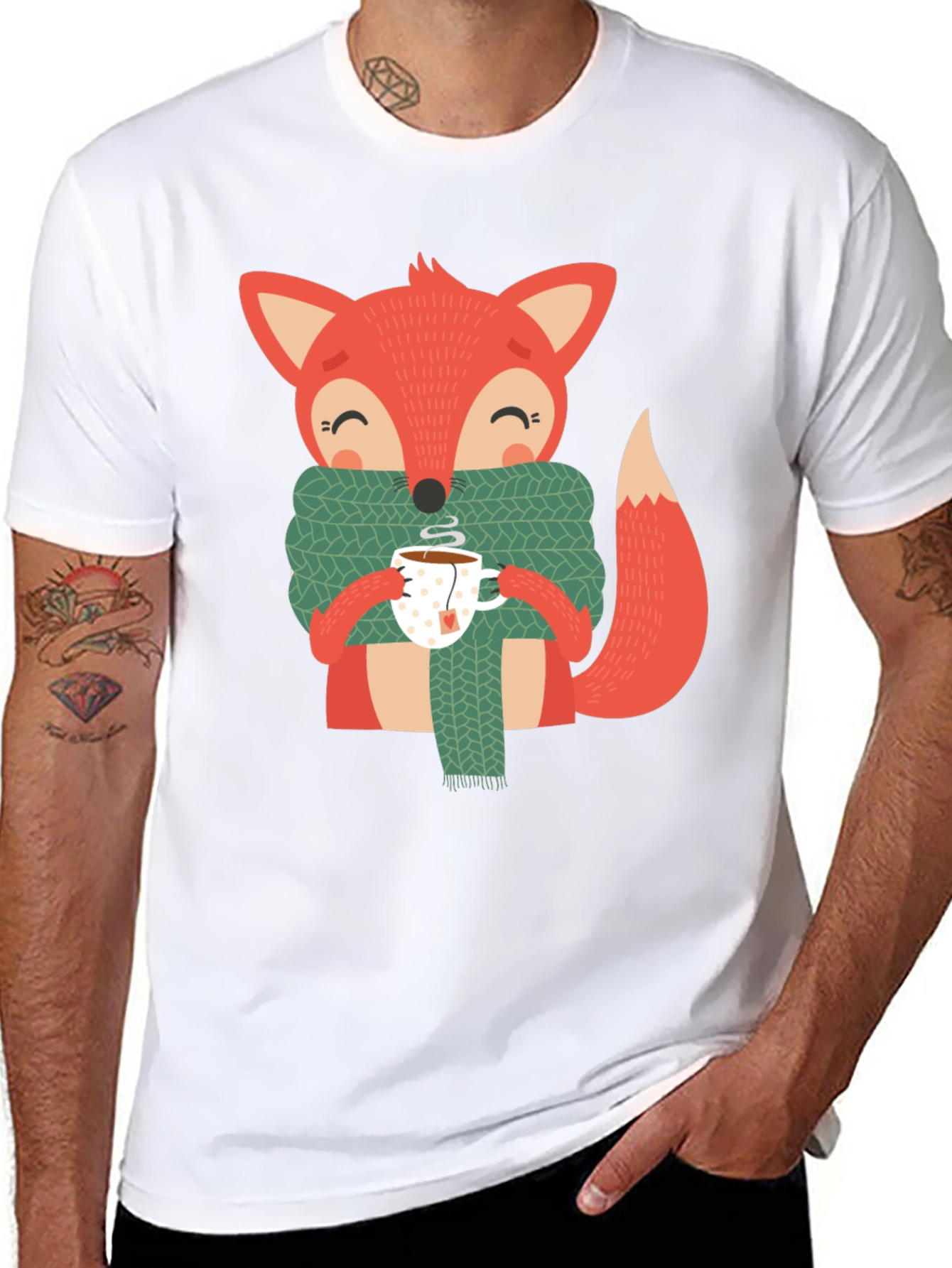 Black Cute Fox Winter Tee - Snug Scarf & Hot Tea Design view 8