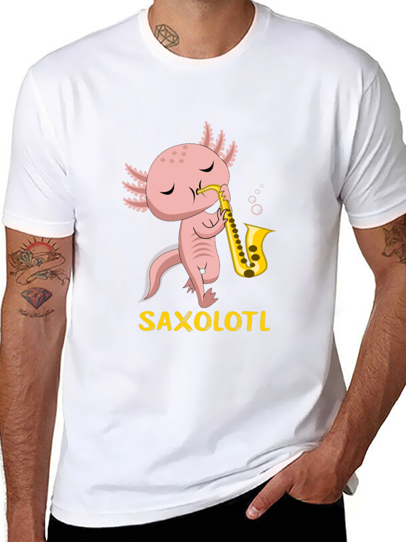 Black Saxolotl T-Shirt: Funny Axolotl Playing Saxophone Tee view 8