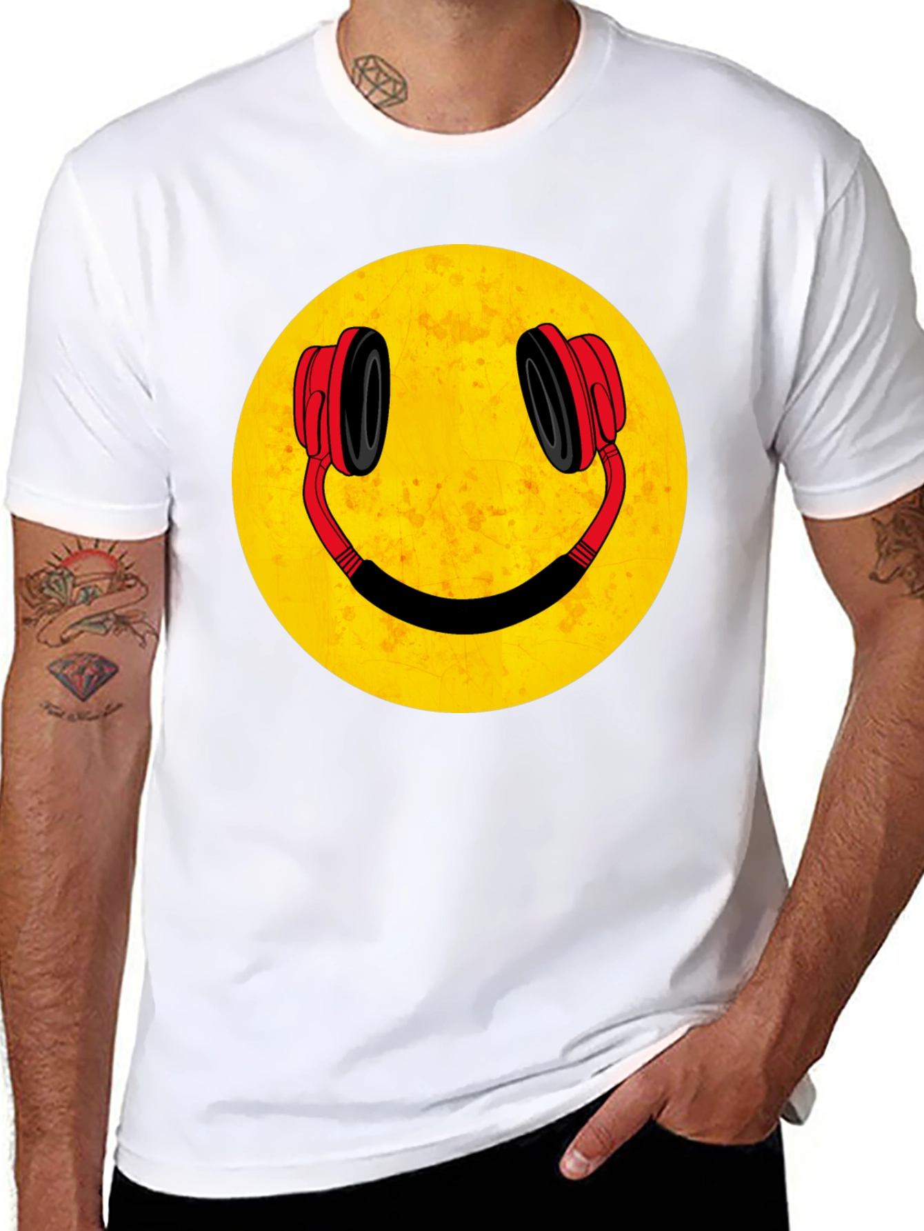 Black Smiley Face Headphones Graphic Tee view 8