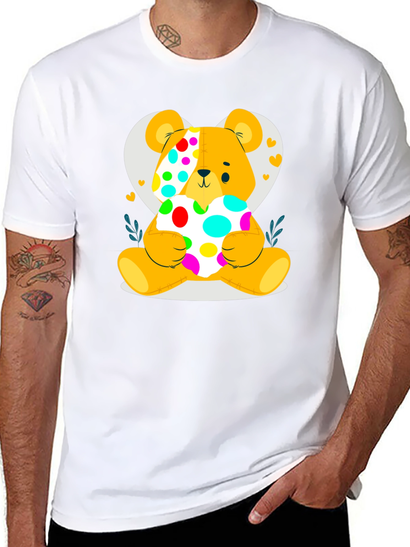 Black Cute Teddy Bear Holding a Polka Dot Heart Black T-Shirt view 8